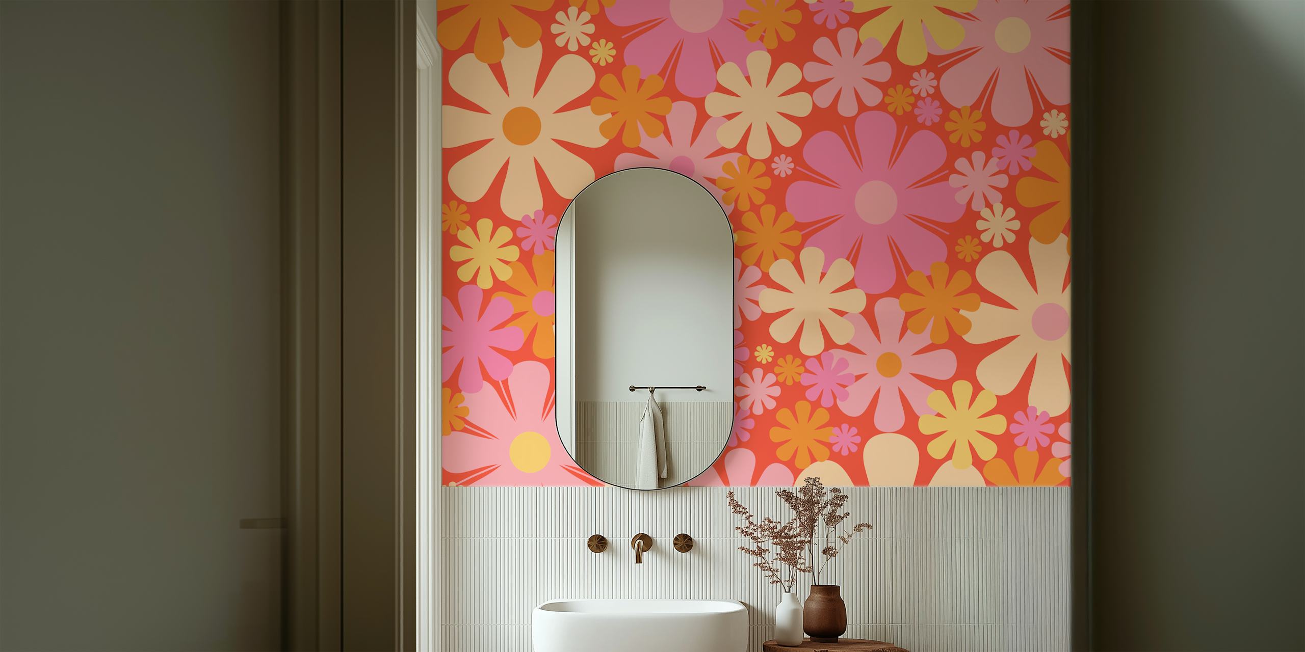 Retro 60s 70s Flowers behang in een kamer