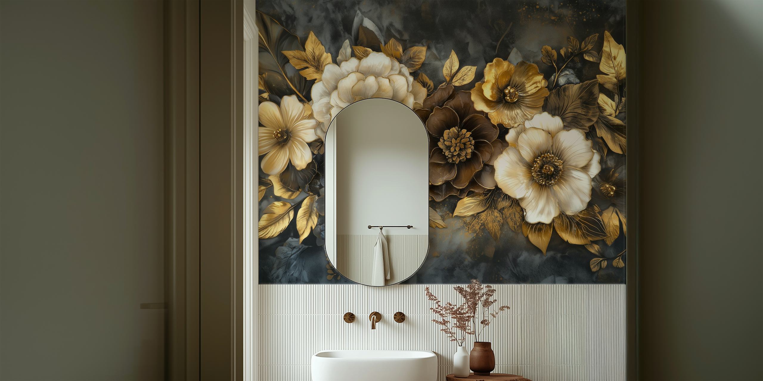 Gold and cream floral design on dark background wallpaper