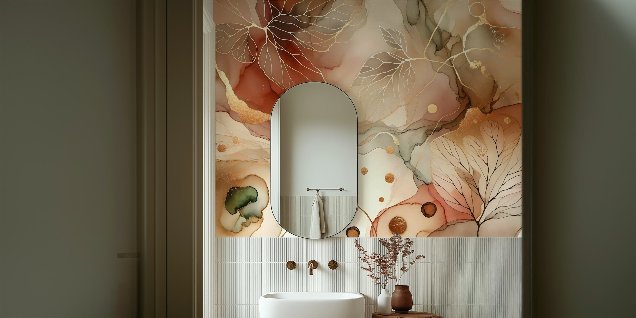 Autumn floral design with delicate leaves, soft reds, greens, gold accents, abstract wallpaper