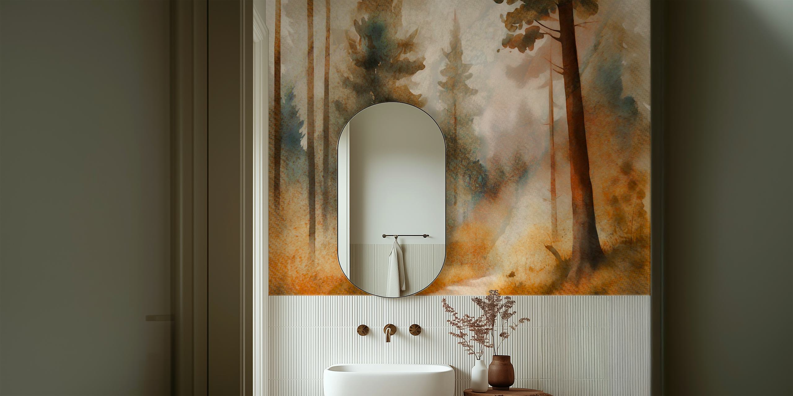 Misty forest wallpaper displayed in a room
