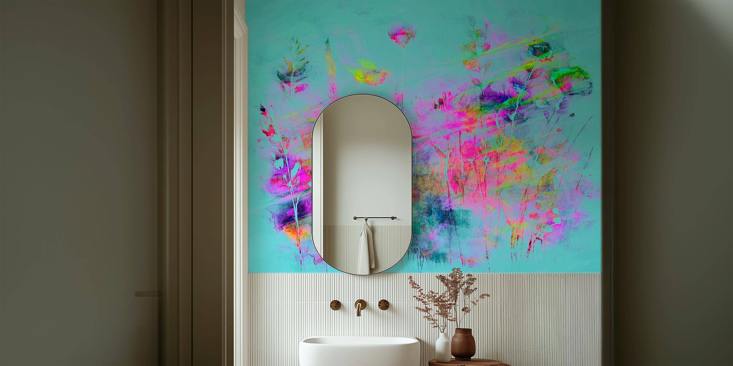 Vibrant floral wallpaper in a room