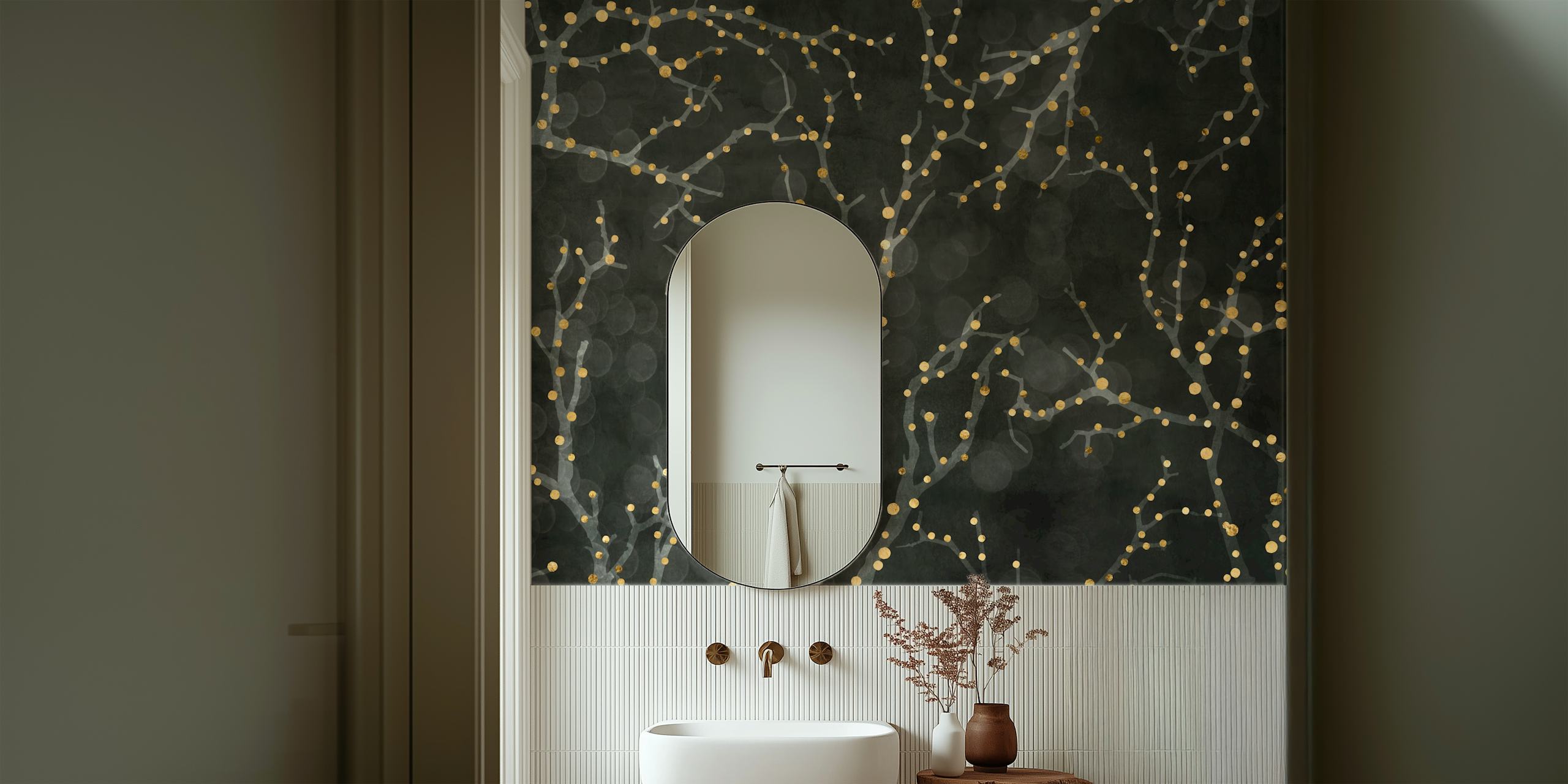 branches with fairy lights on charcoal black background wallpaper