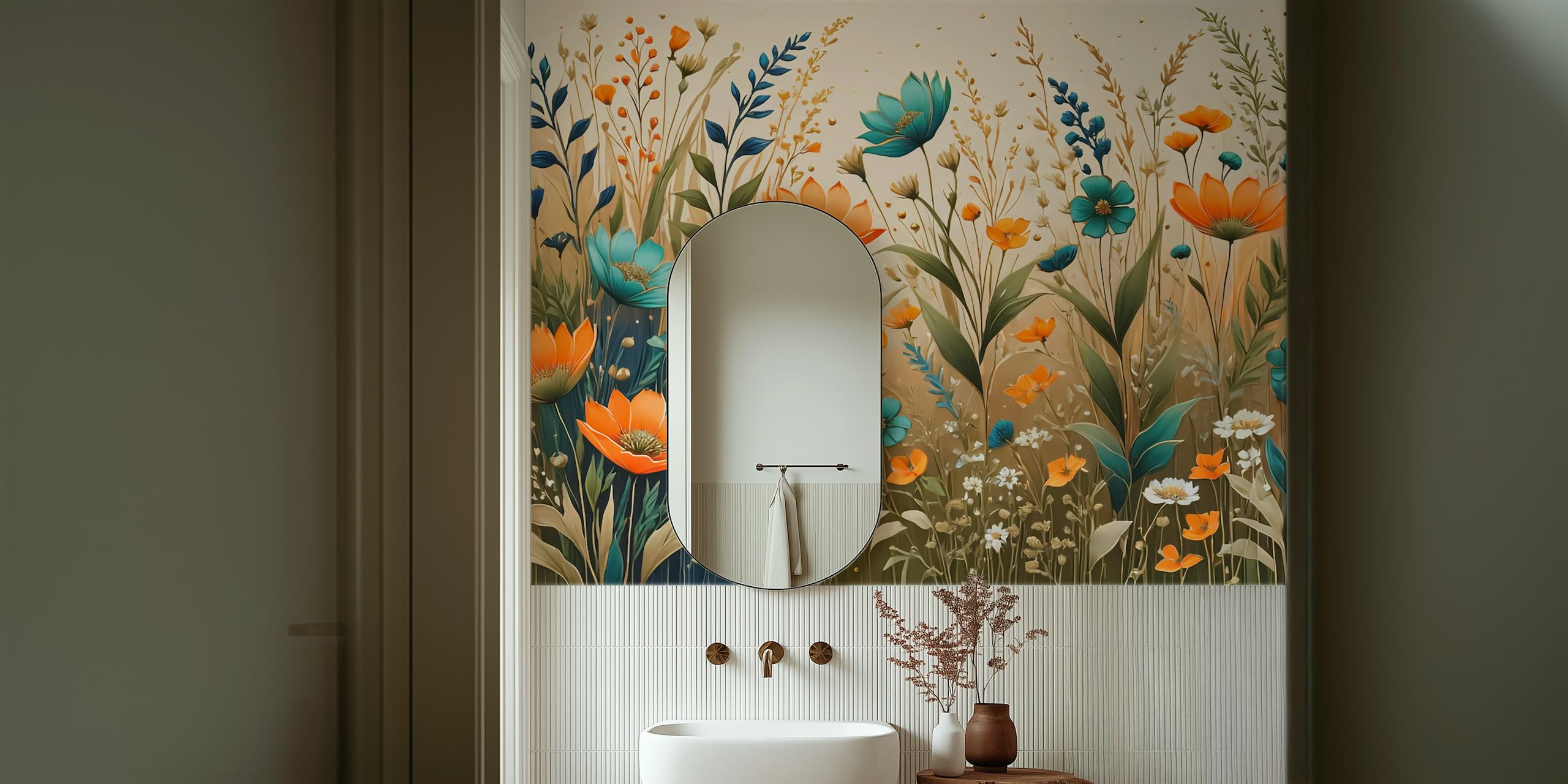 Floral wallpaper with orange and teal flowers on beige background
