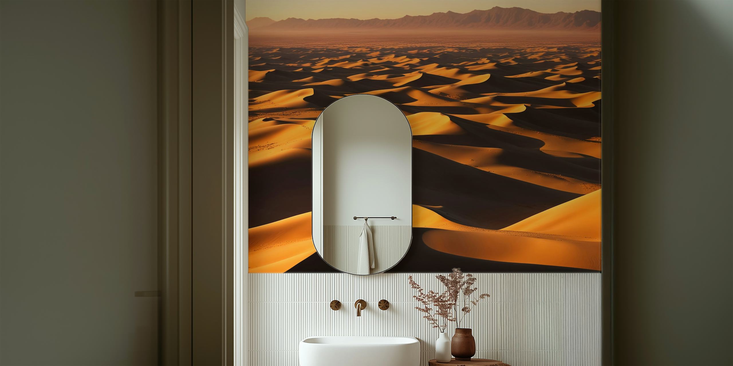 Sandy desert waves in golden hues wallpaper