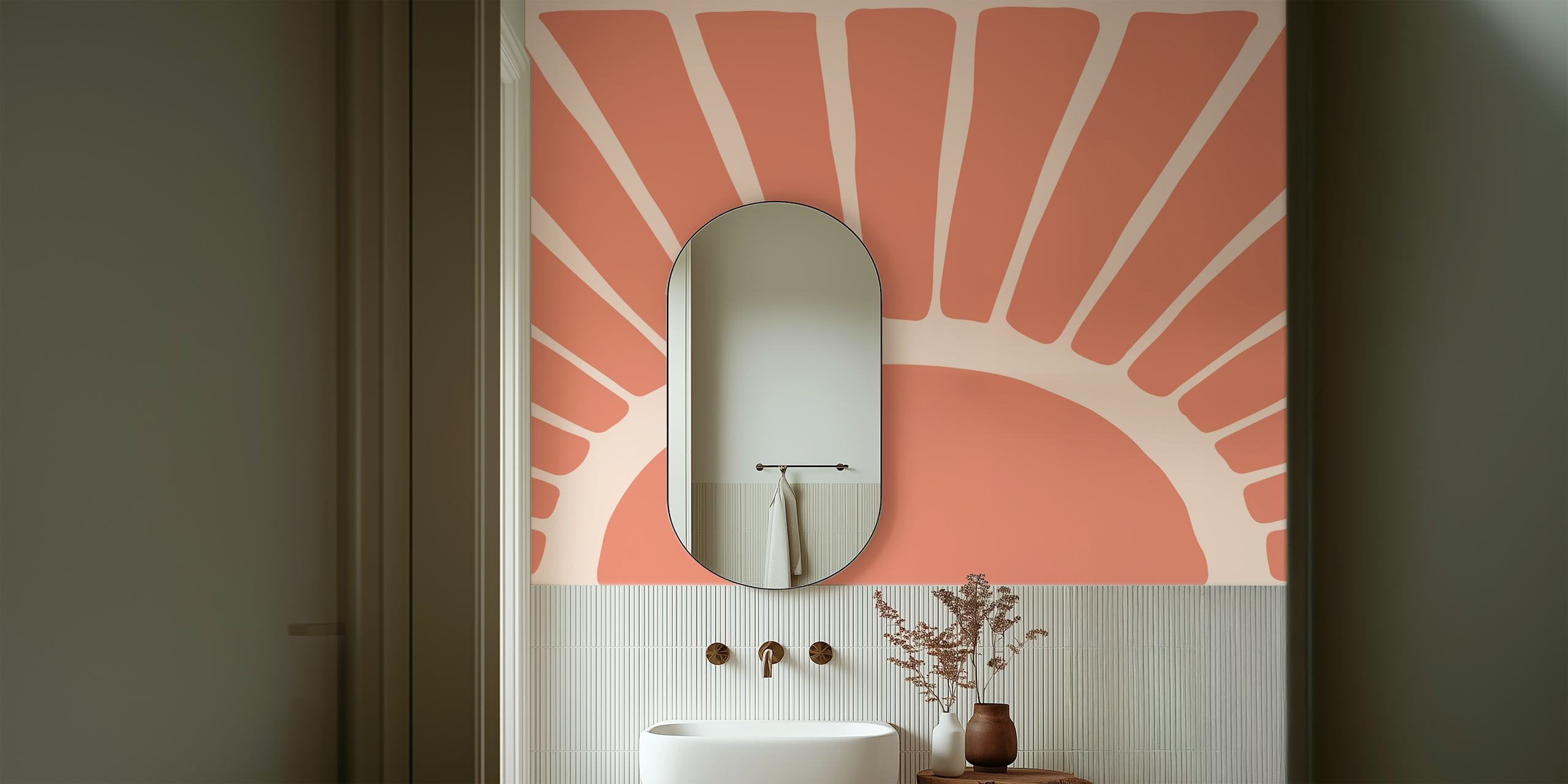Art Deco wallpaper with a sunrise design in terracotta and soft peach shades, abstract style wallpaper
