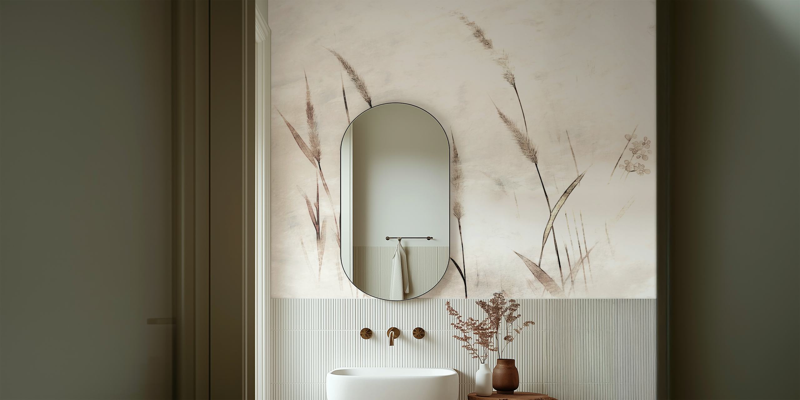 Delicate floral grass design in soft neutrals wallpaper