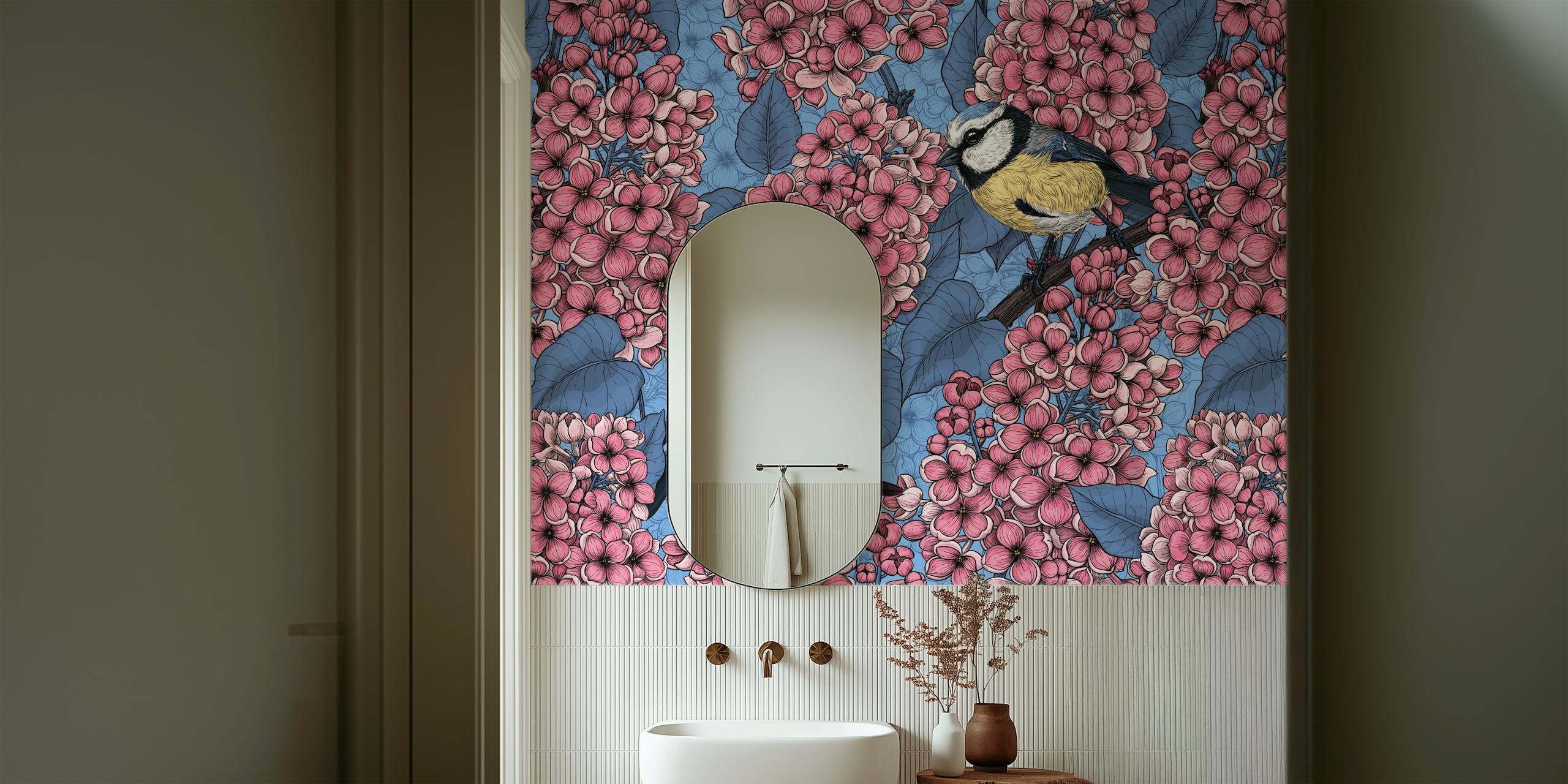 Charming wallpaper with tit birds and lilac flowers