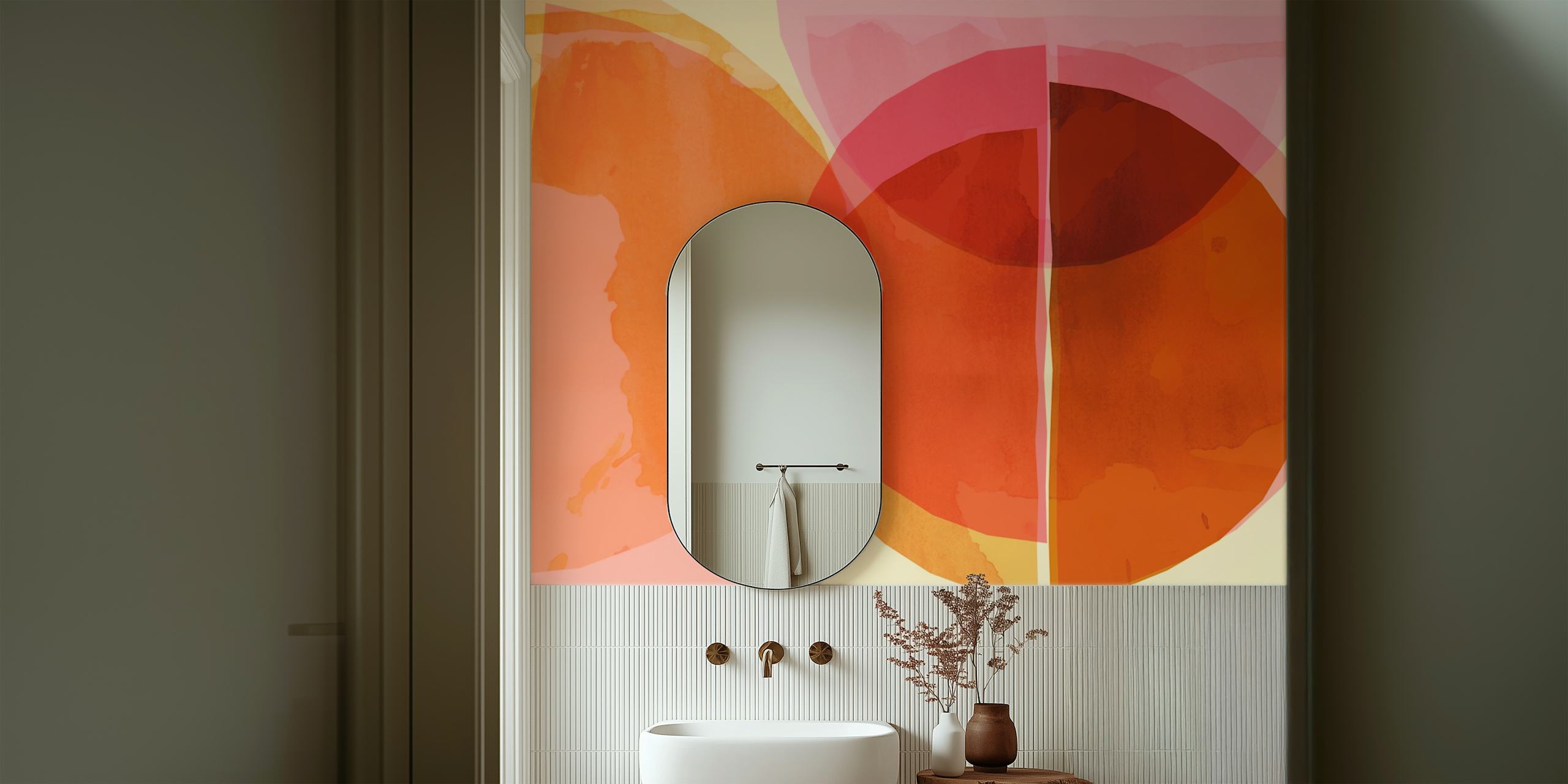 Colorful geometric shapes in warm orange and pink hues wallpaper