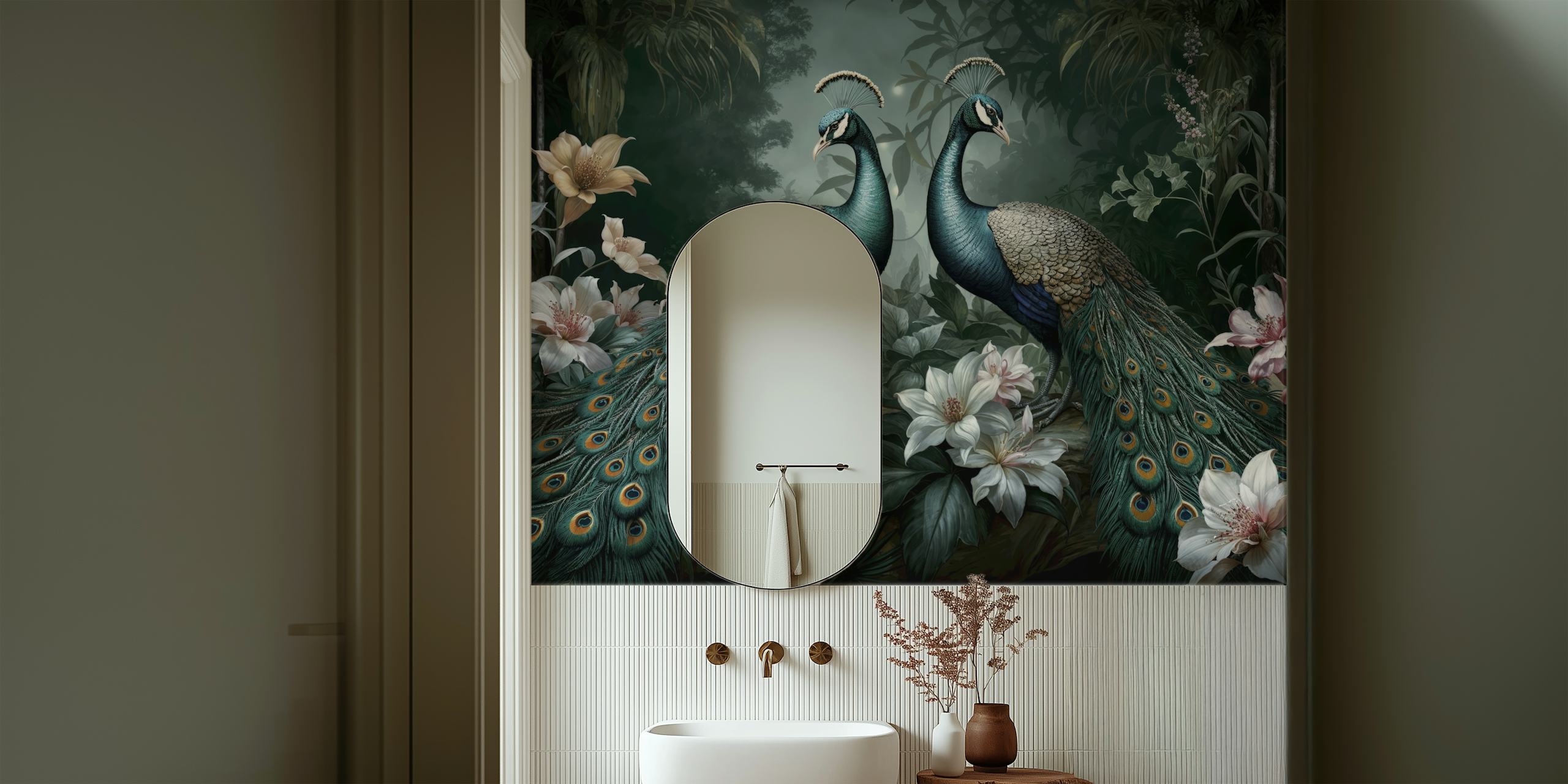 Peacocks among white lilies and green foliage wallpaper
