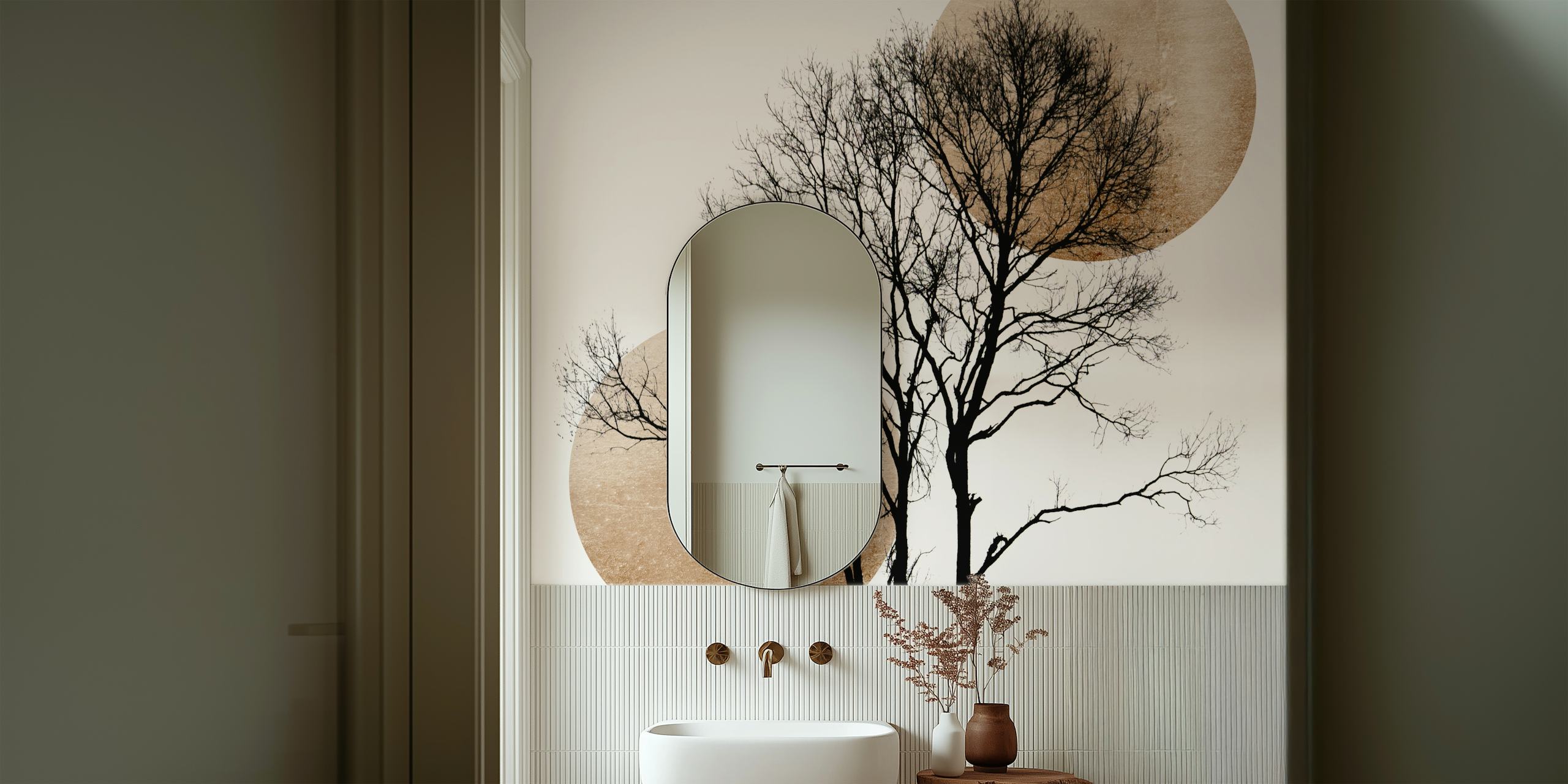Black and white abstract tree design with circular shapes wallpaper