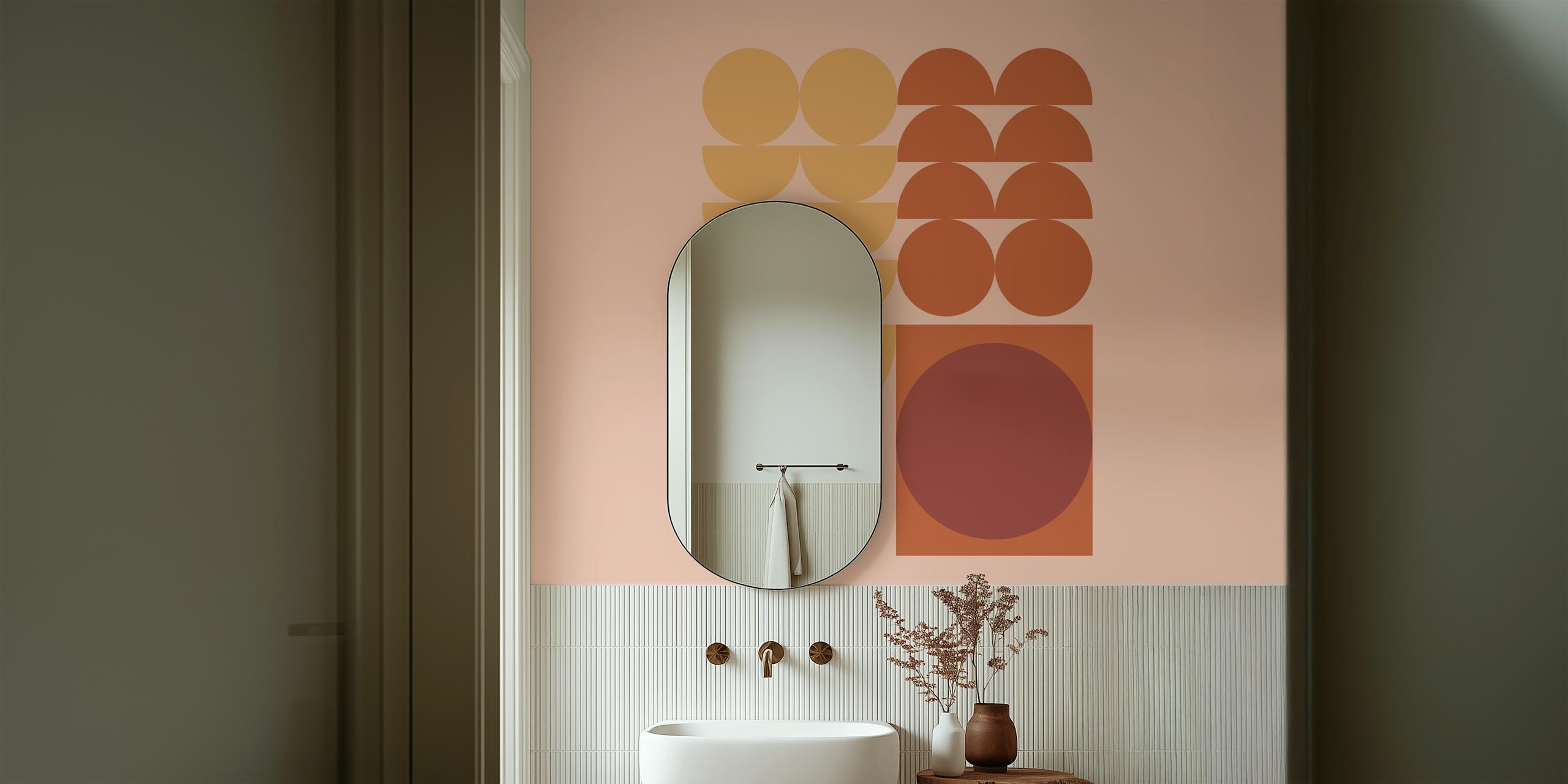 Geometric circle patterns in warm oranges and beige wallpaper