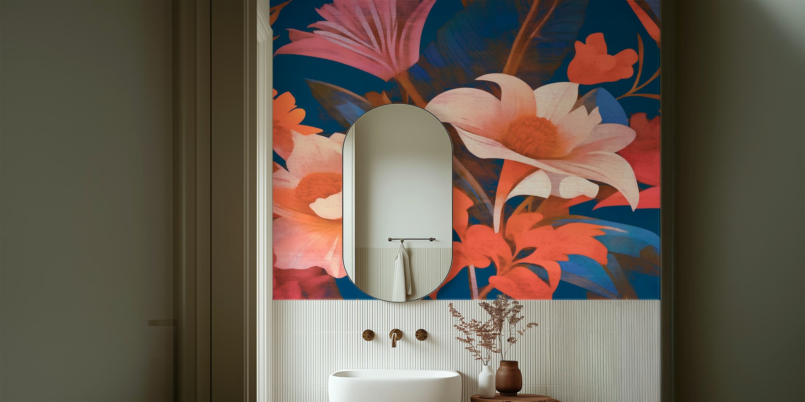 Floral patterns in shades of white, pink, and orange on dark blue wallpaper