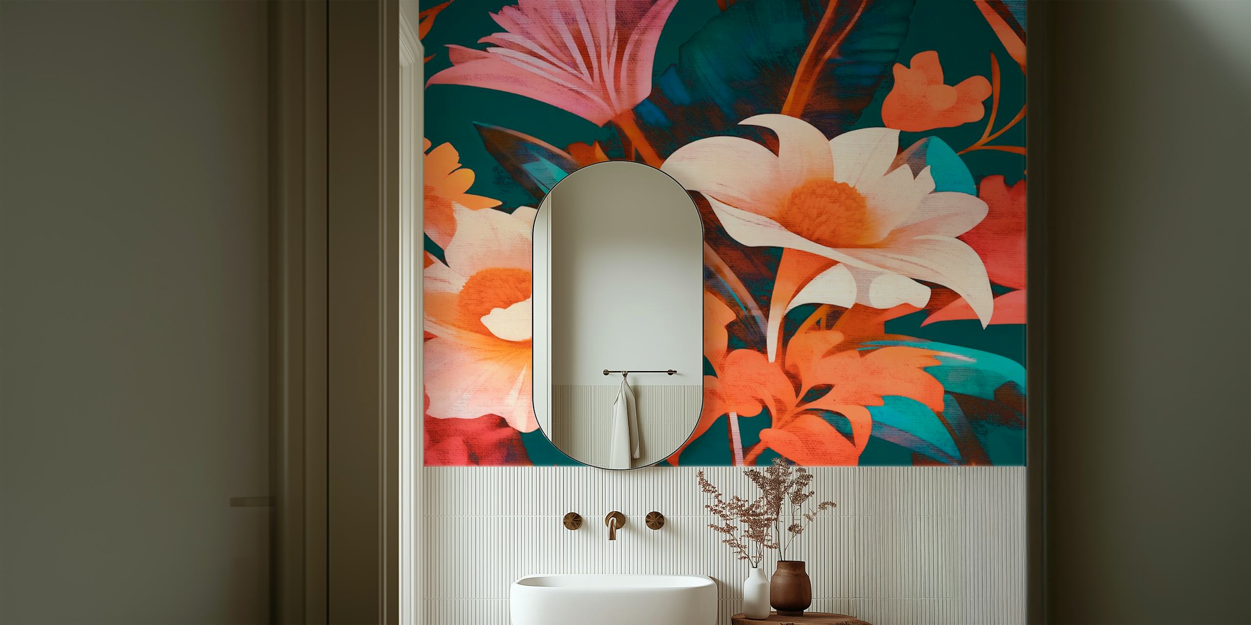 Colorful tropical floral wallpaper with pink, orange, and teal flowers