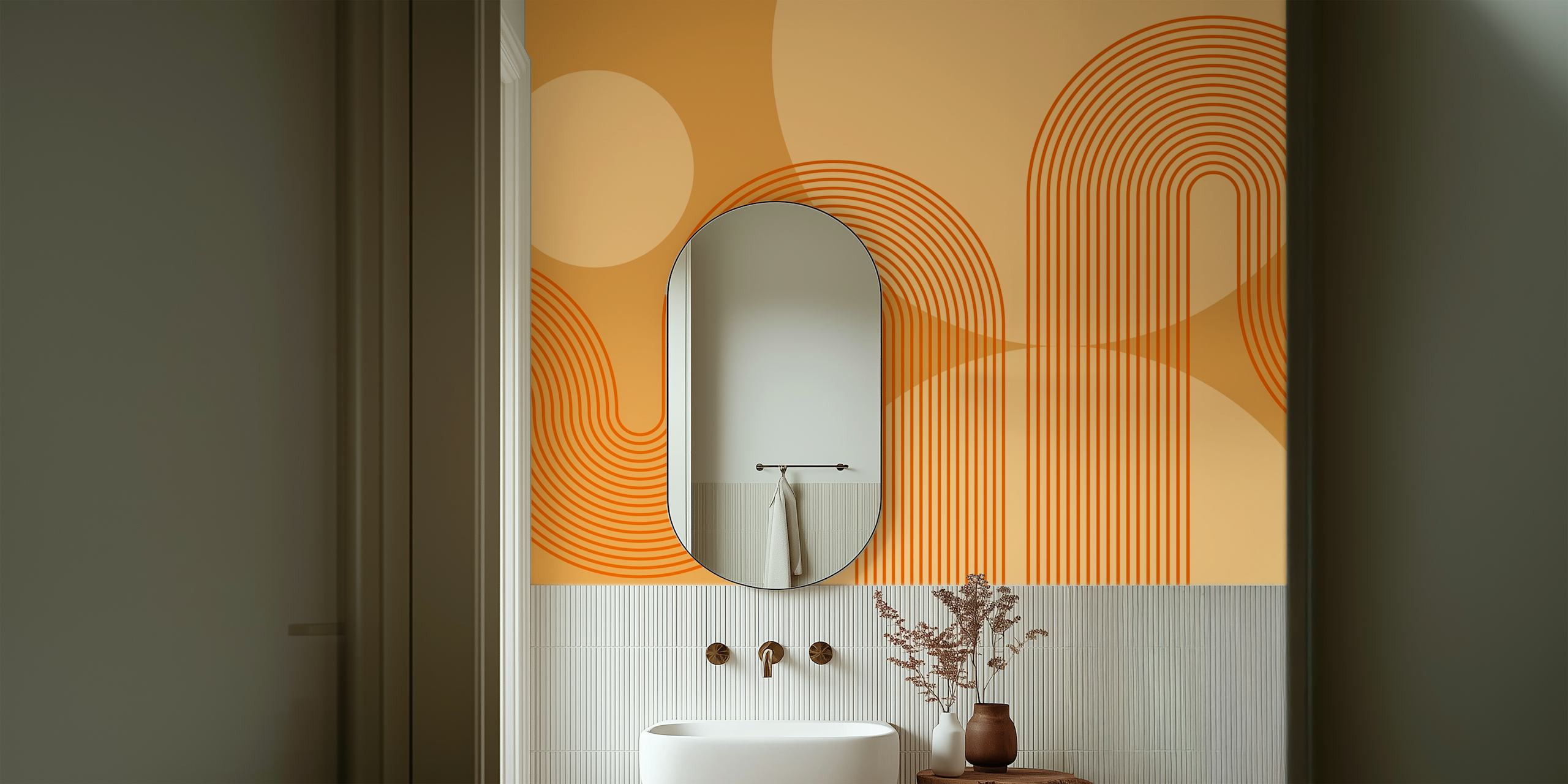 Tan Orange Curvy Lines Tapete in einem Raum