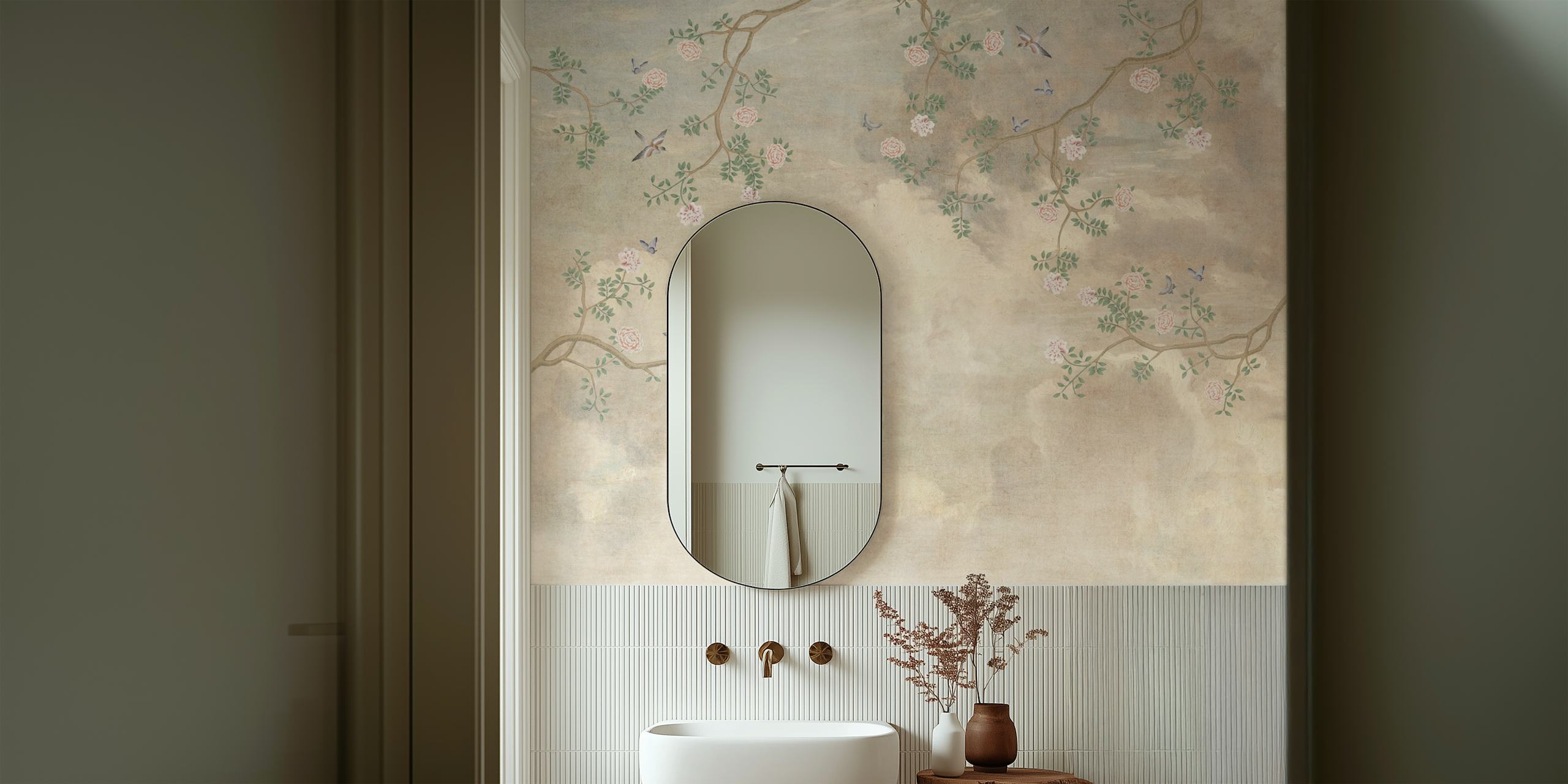 Cream floral peony wallpaper with pink flowers and green leaves