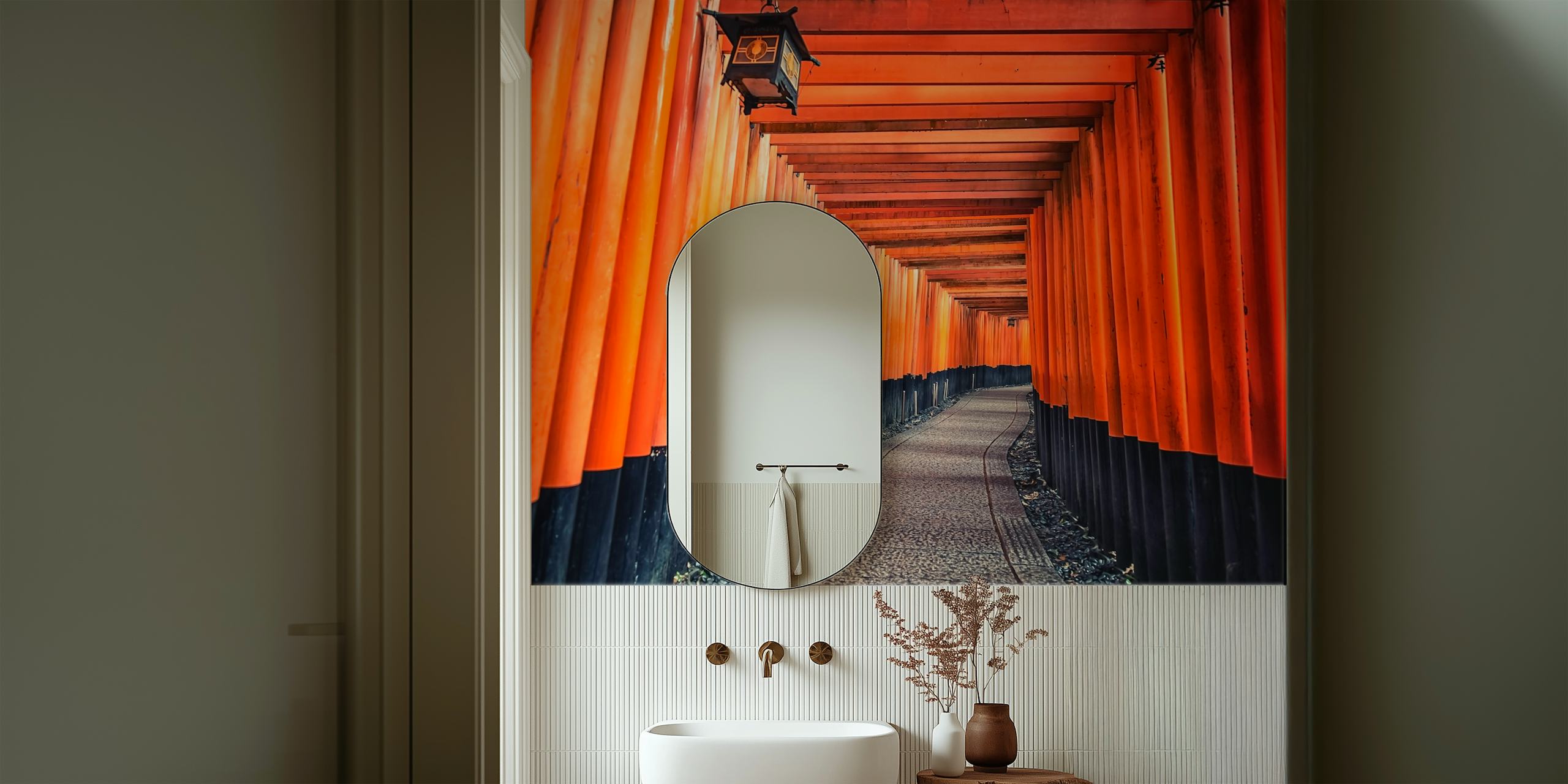 Vibrant orange pillars with black bases and textured path wallpaper