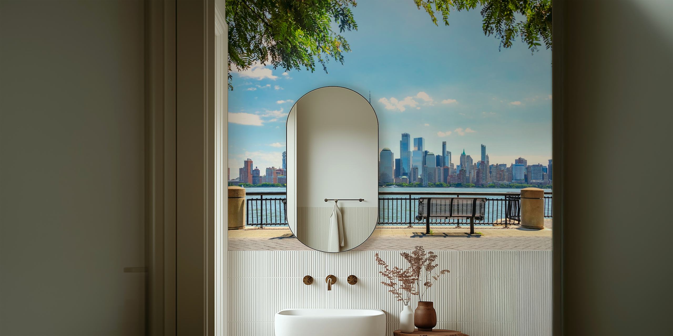 New York City skyline with benches in foreground and bright blue sky wallpaper