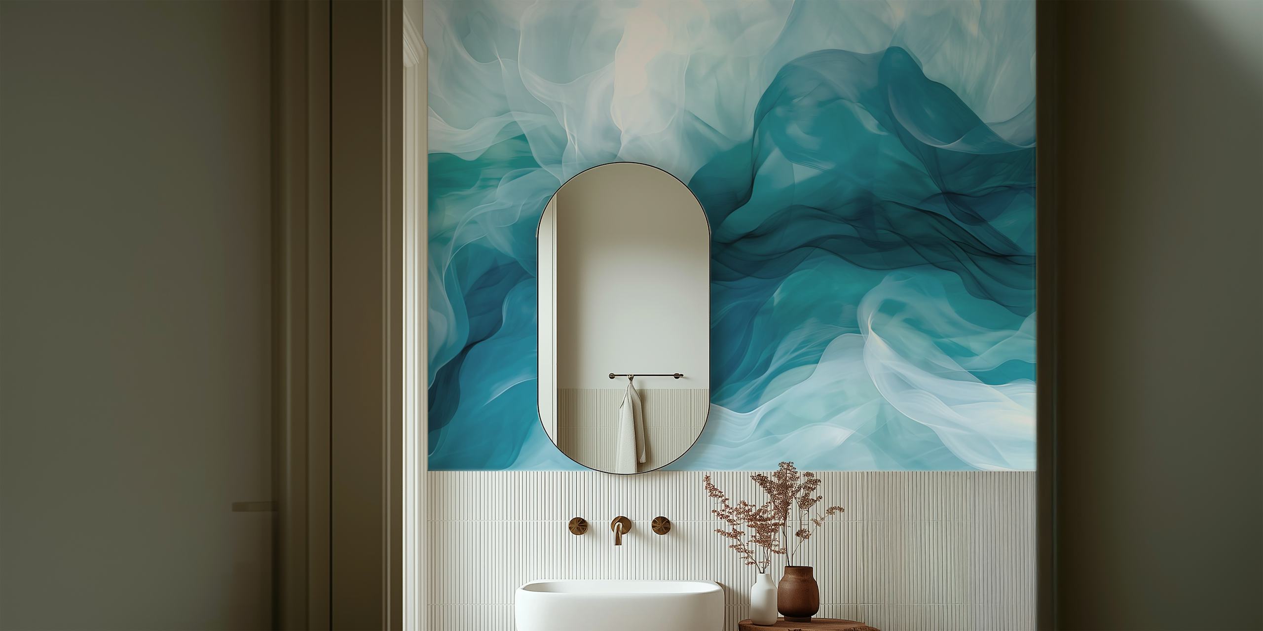 Abstract gentle blue and white waves tapetti huoneessa