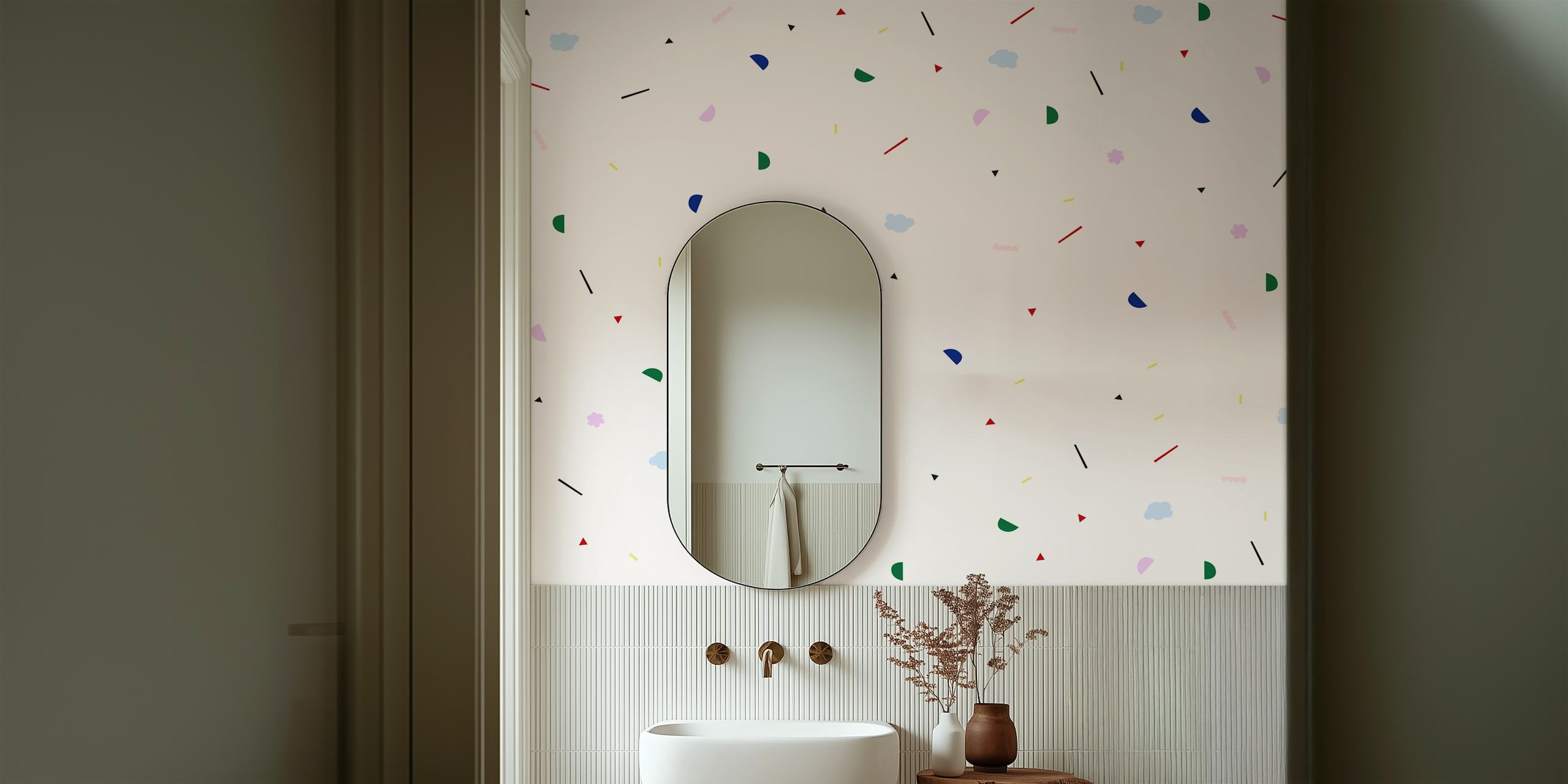 Farverig Mural happy shapes tapet i et rum