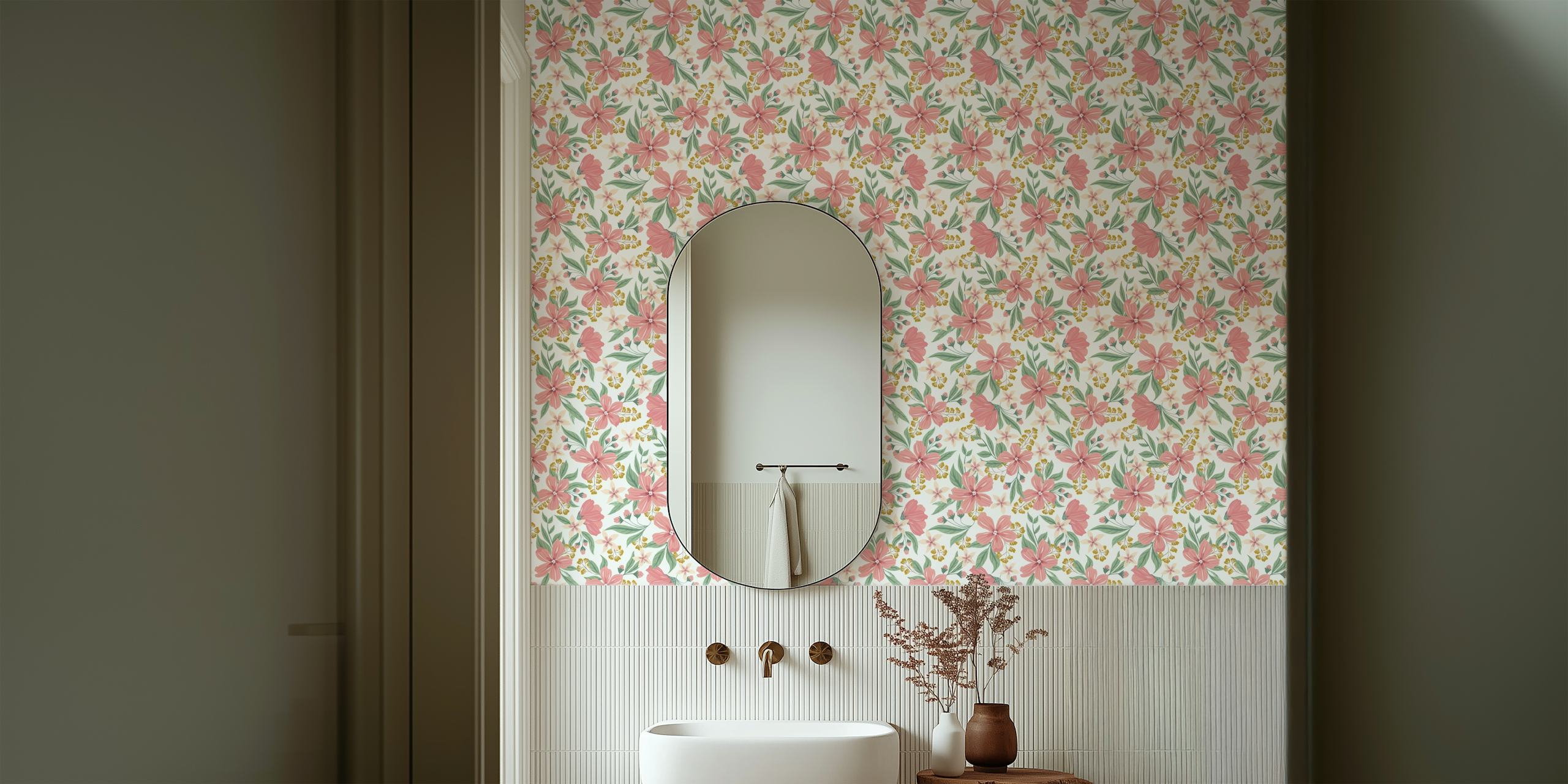 Pink floral pattern with green leaves wallpaper