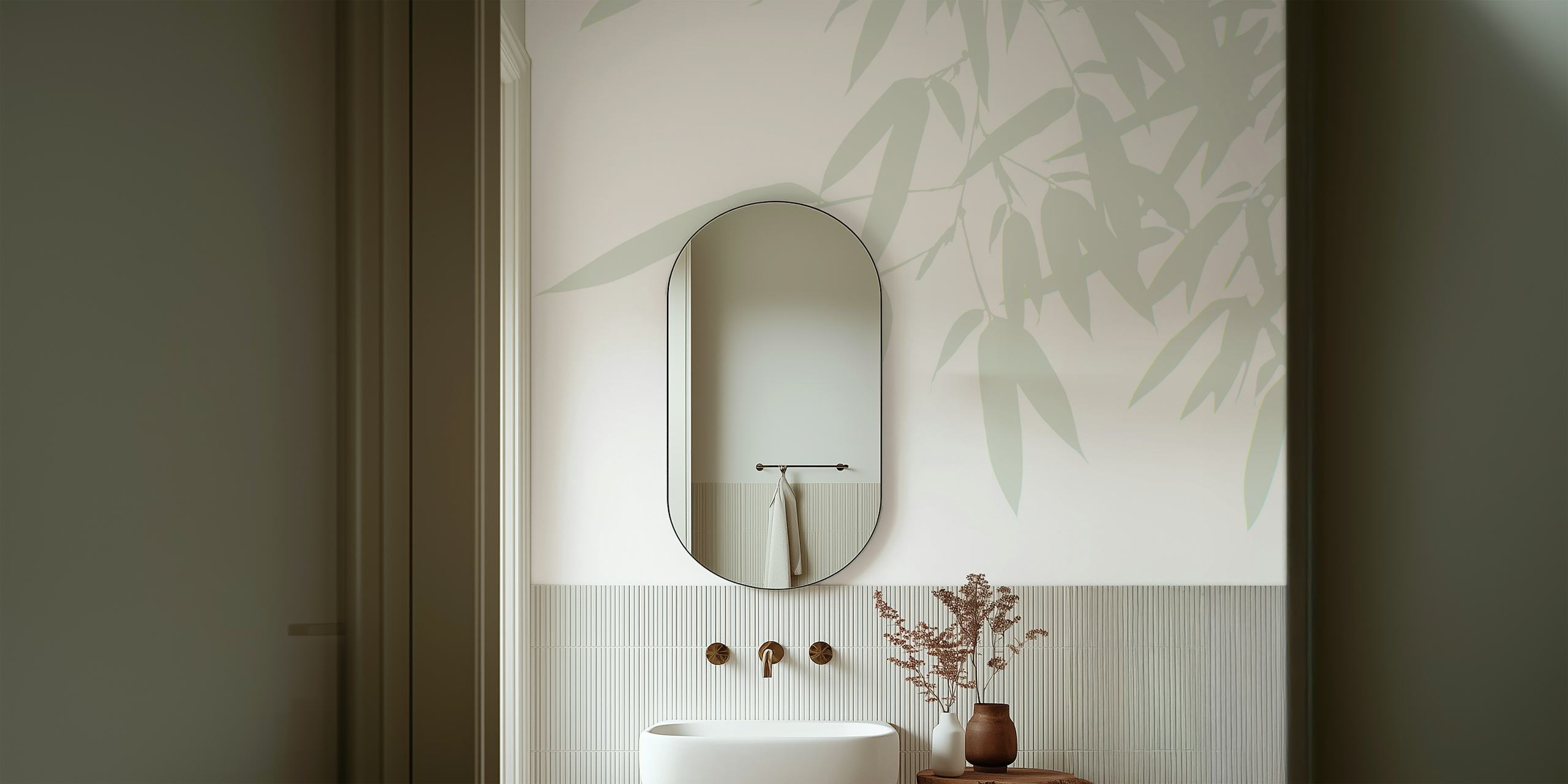 Bamboo leaves in soft green on a white background wallpaper