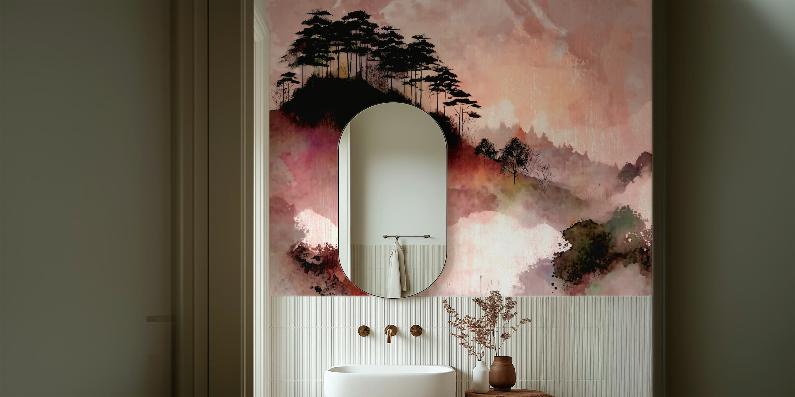 Lämmin Wabi Sabi Forest -seinämaalaus, jossa pehmeät akvarellitekstuurit lämpimillä sävyillä ja rauhallisia metsämaisemia.