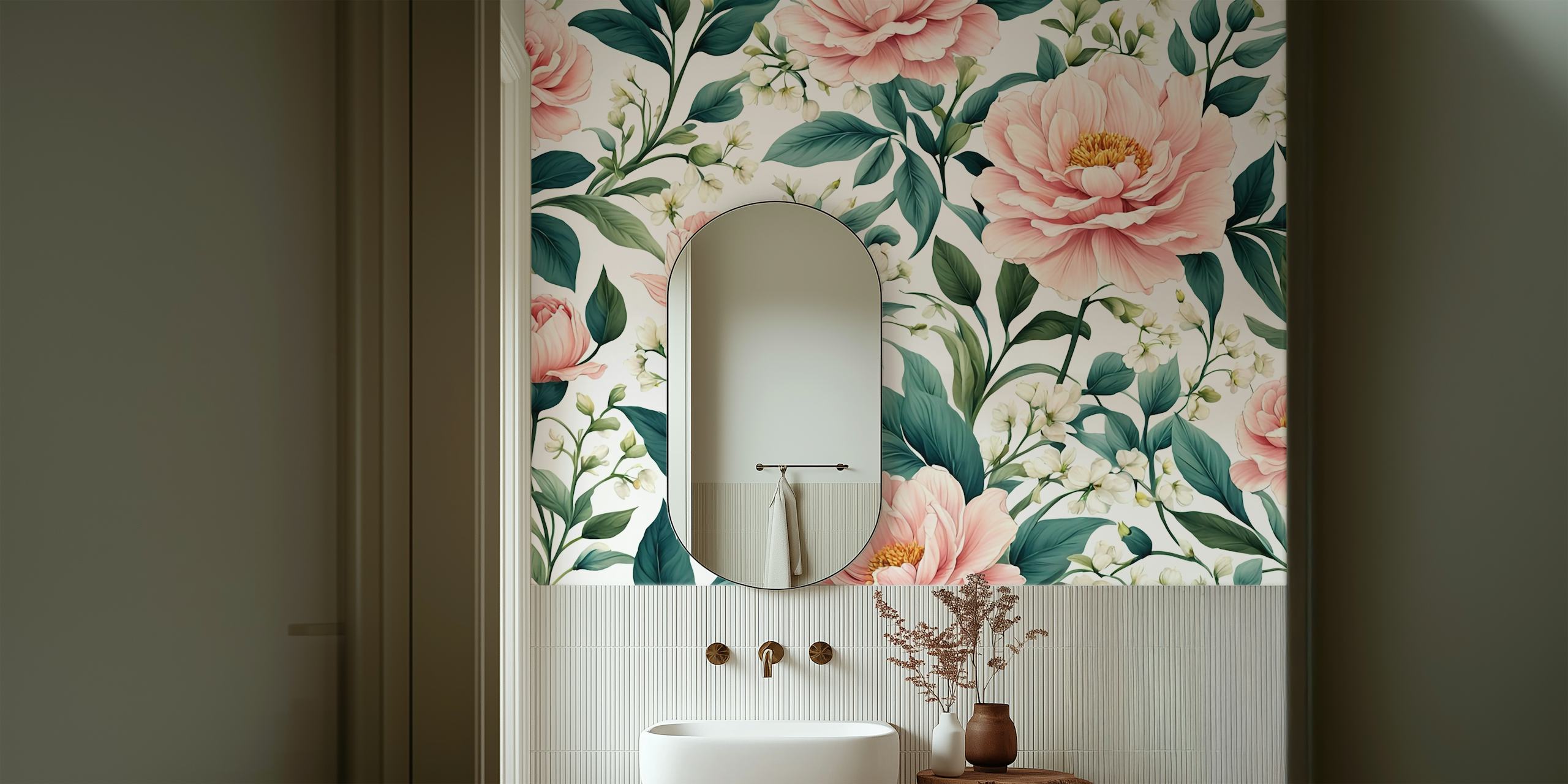 Pink floral arrangement wallpaper with leafy green accents