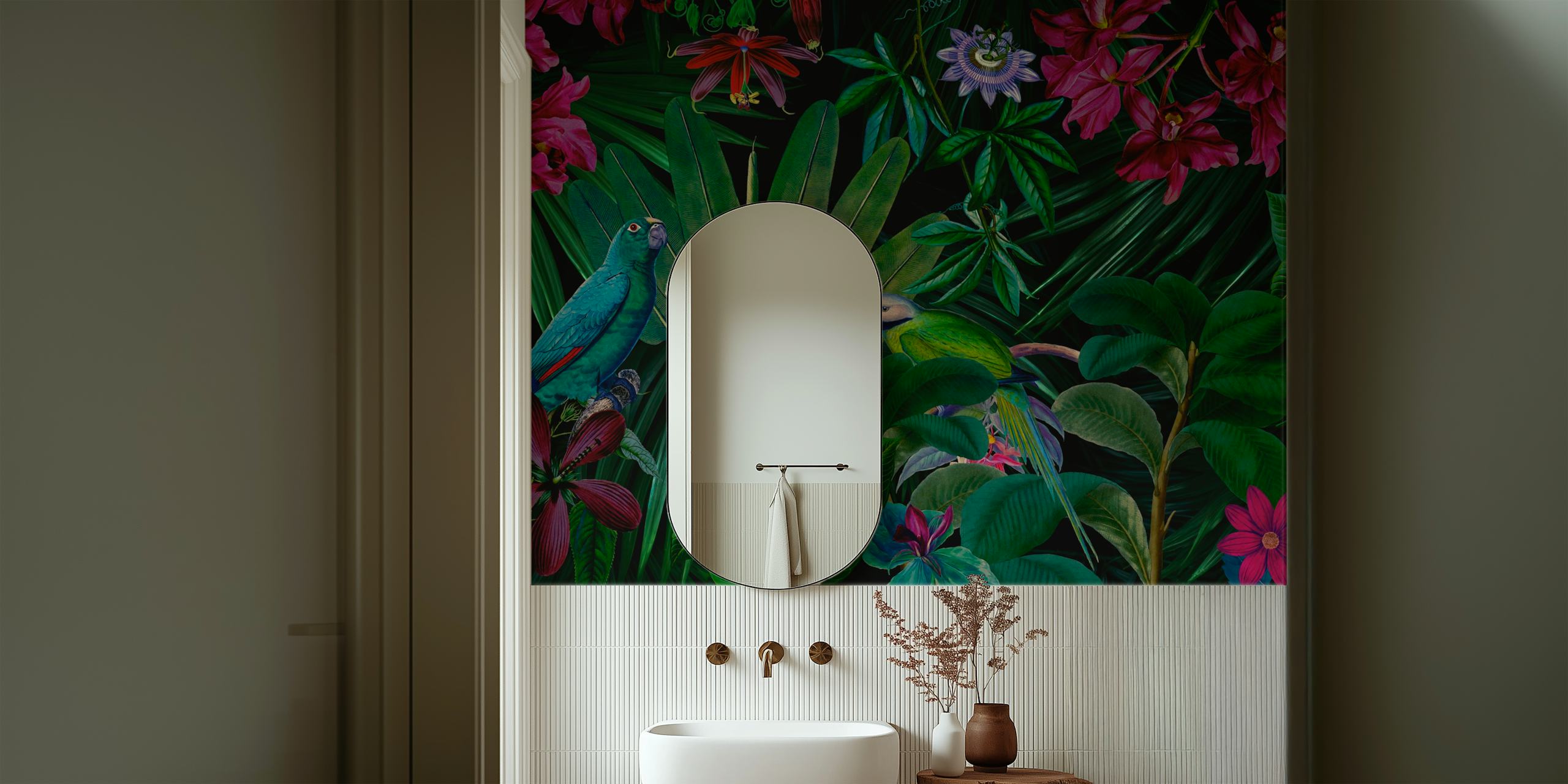 Moody Midnight Jungle Parrot Paradise carta da parati in una stanza