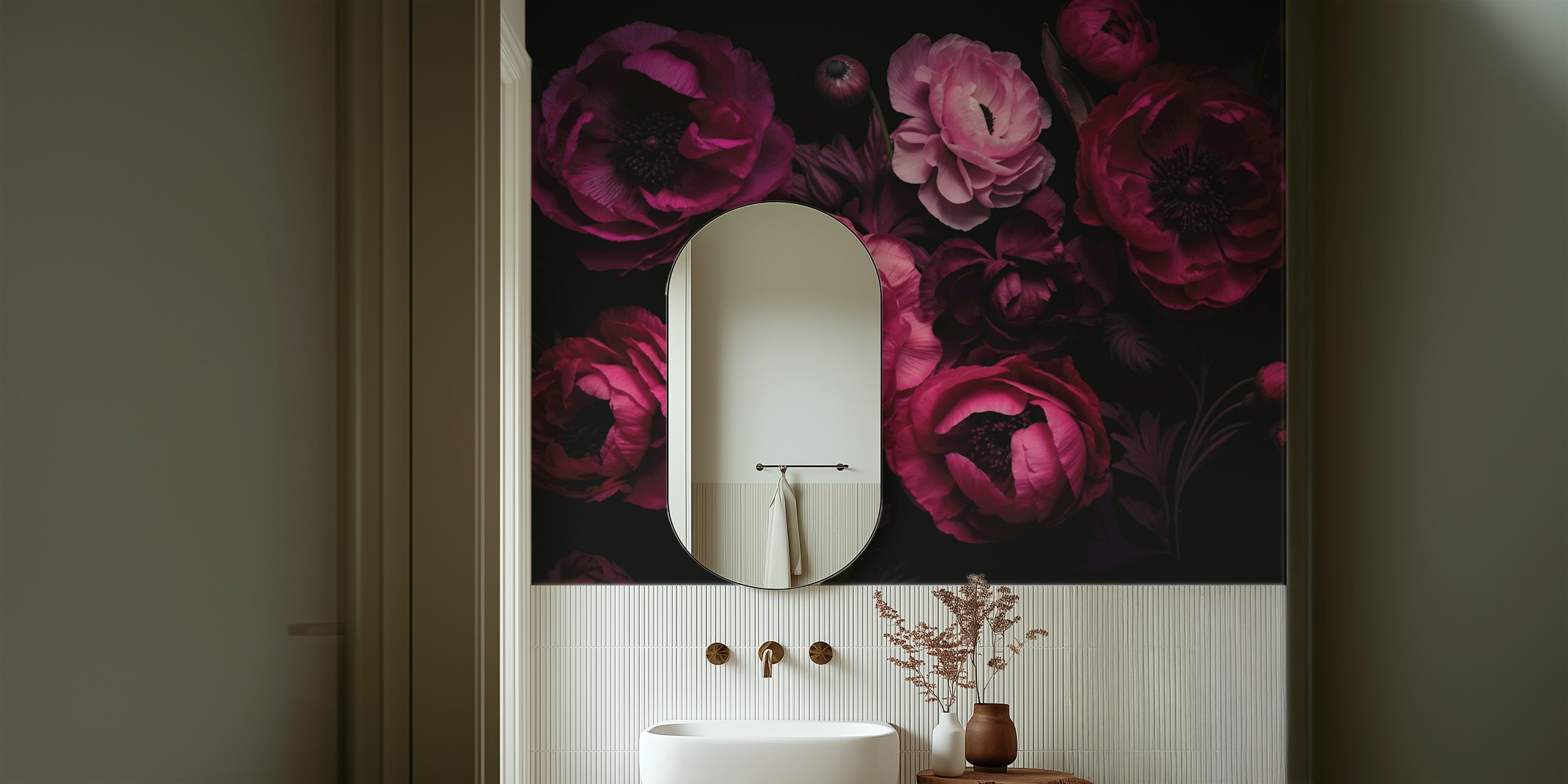 Moody Dark Pink Peony And Ranunculus tapet