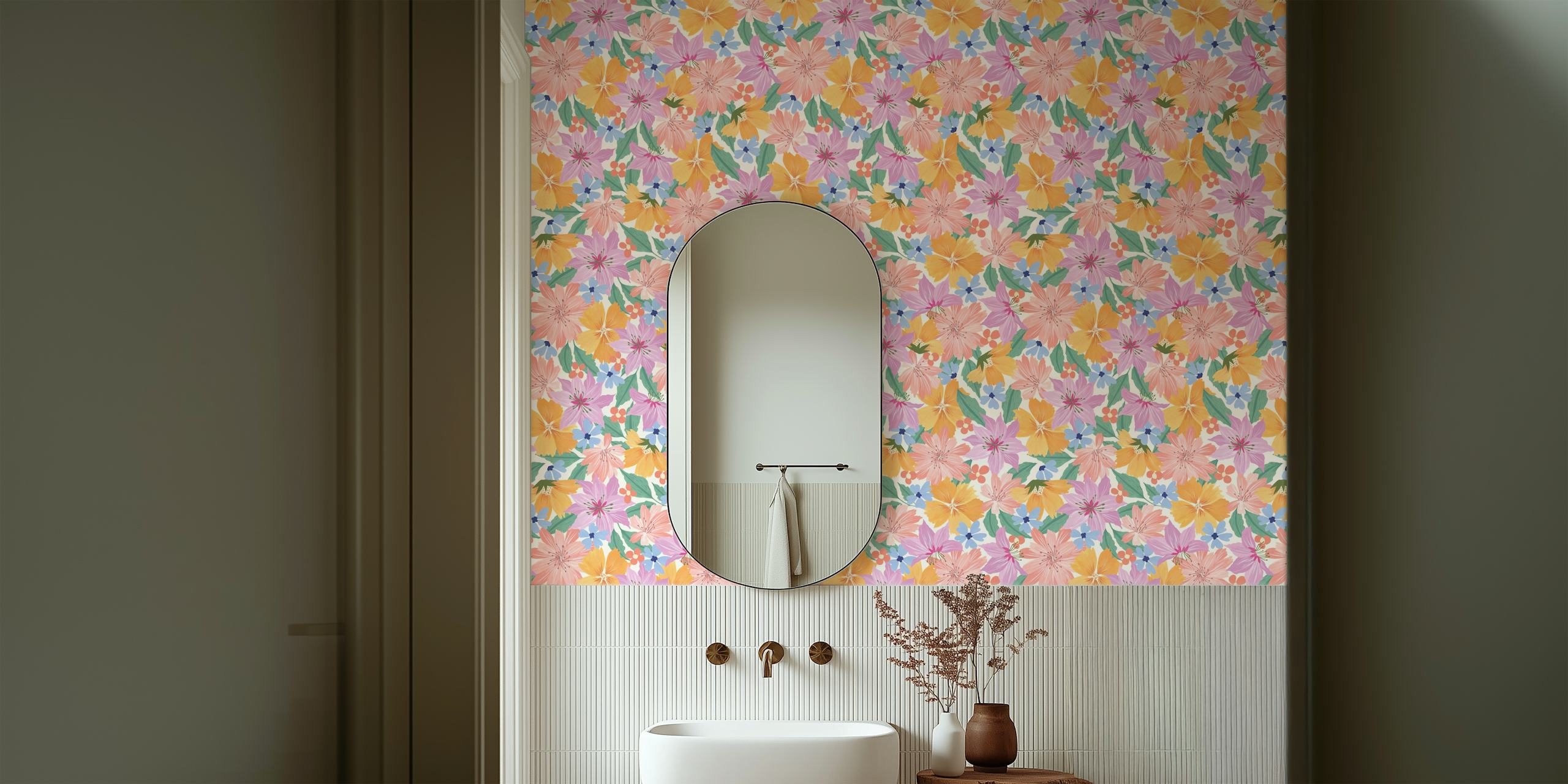 Bright spring floral wallpaper in a room