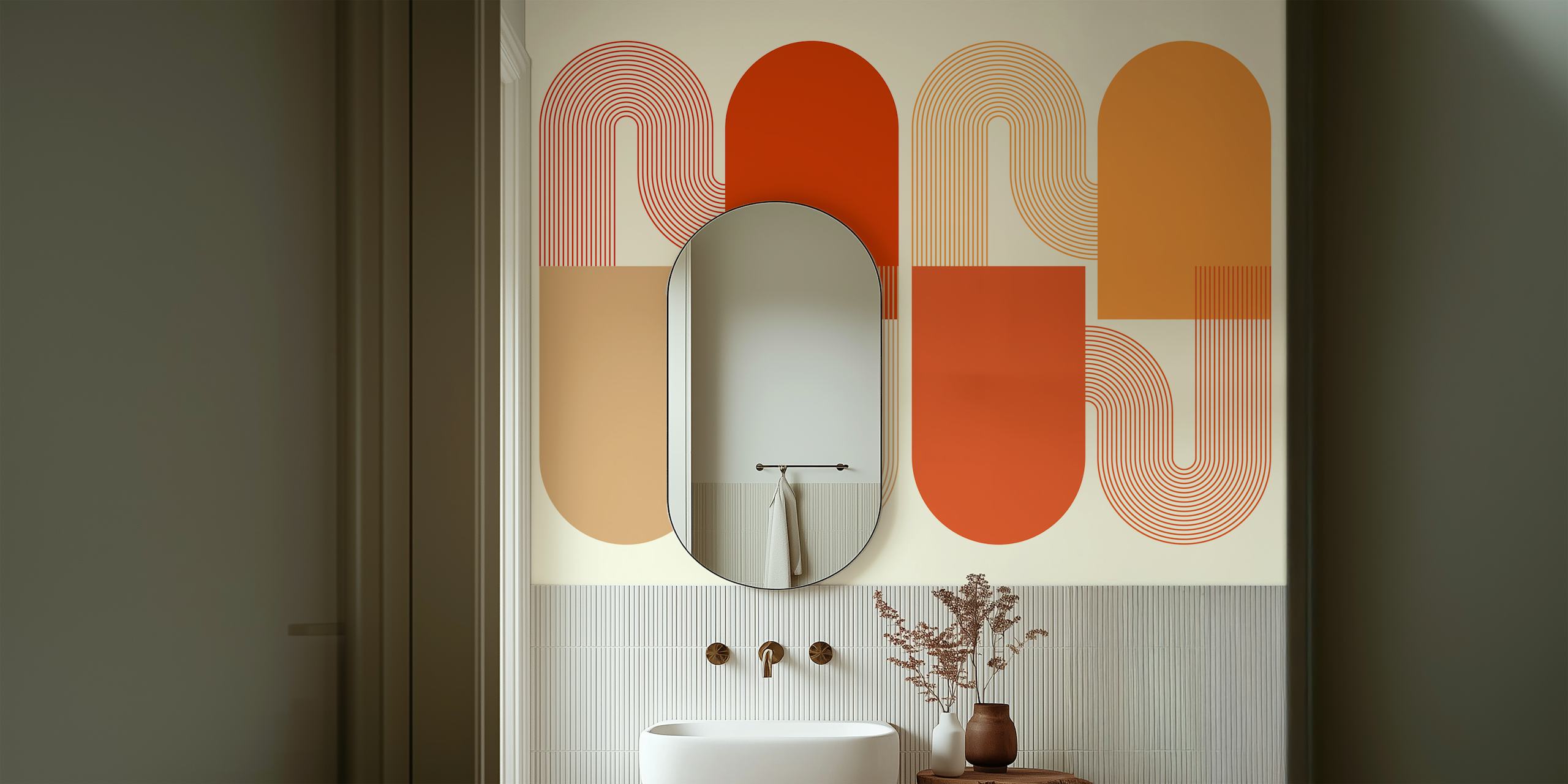 Geometric arches in warm tones of brown and orange wallpaper