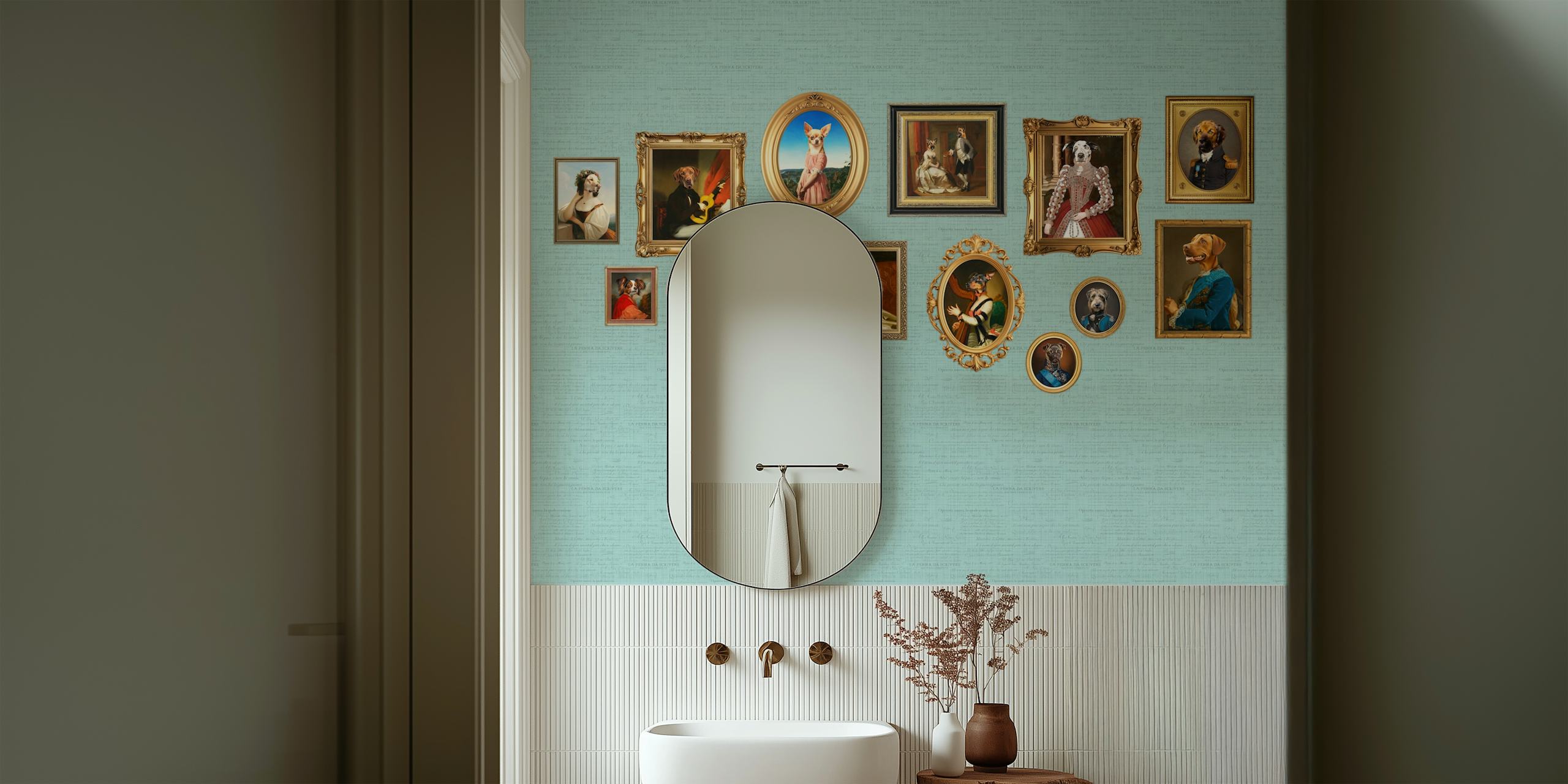 Dog Portraits Statement Wall på aqua blå vegg