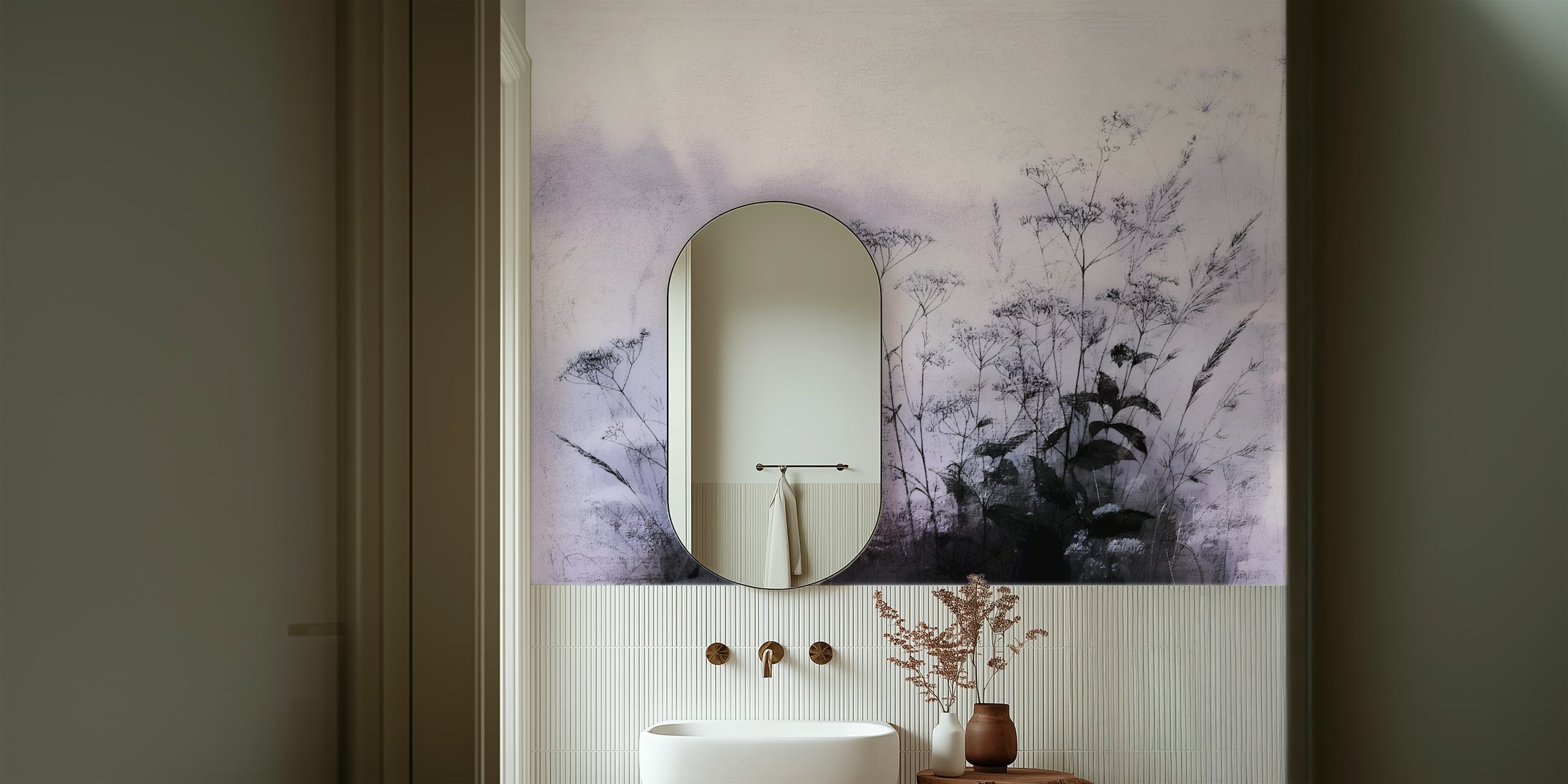 Delicate purple floral silhouettes against a soft background wallpaper