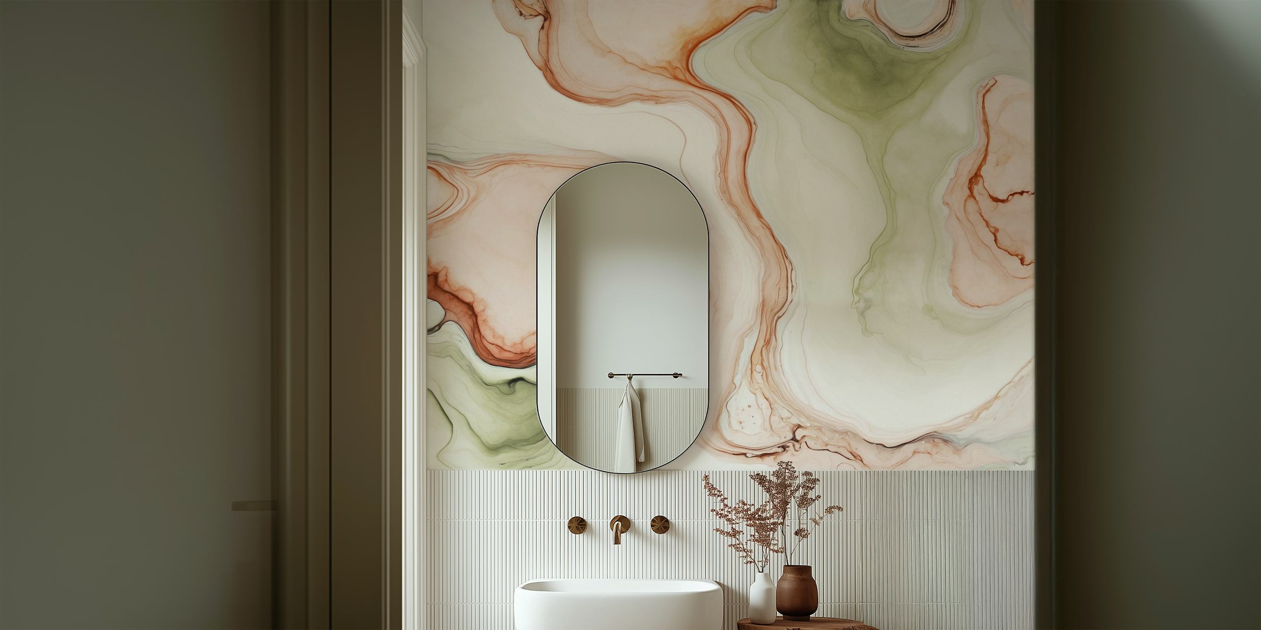 Marbled ink wallpaper featuring sage green and soft pink swirls with earthy tones