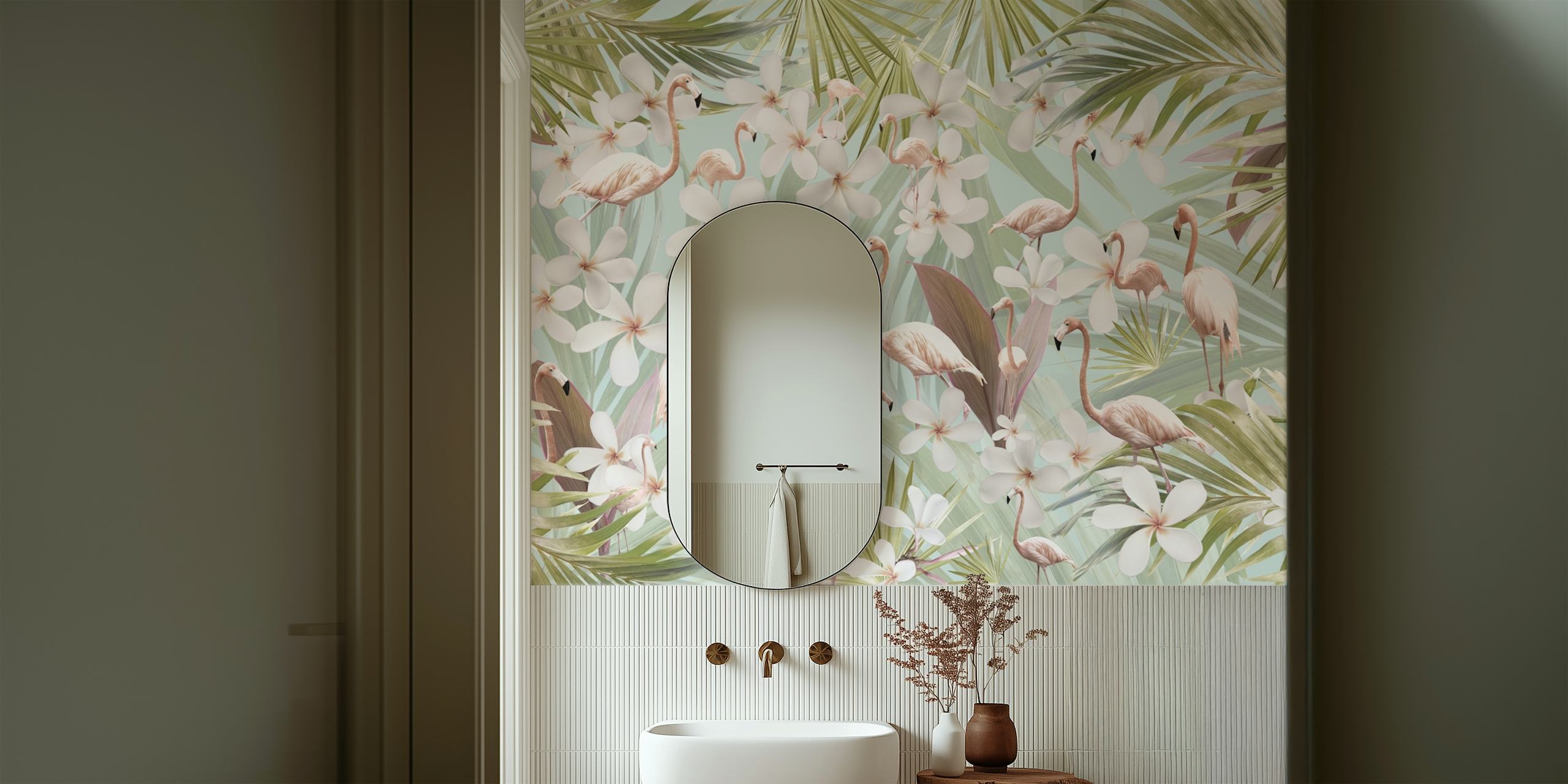 Flamingos and white flowers against pastel green background wallpaper