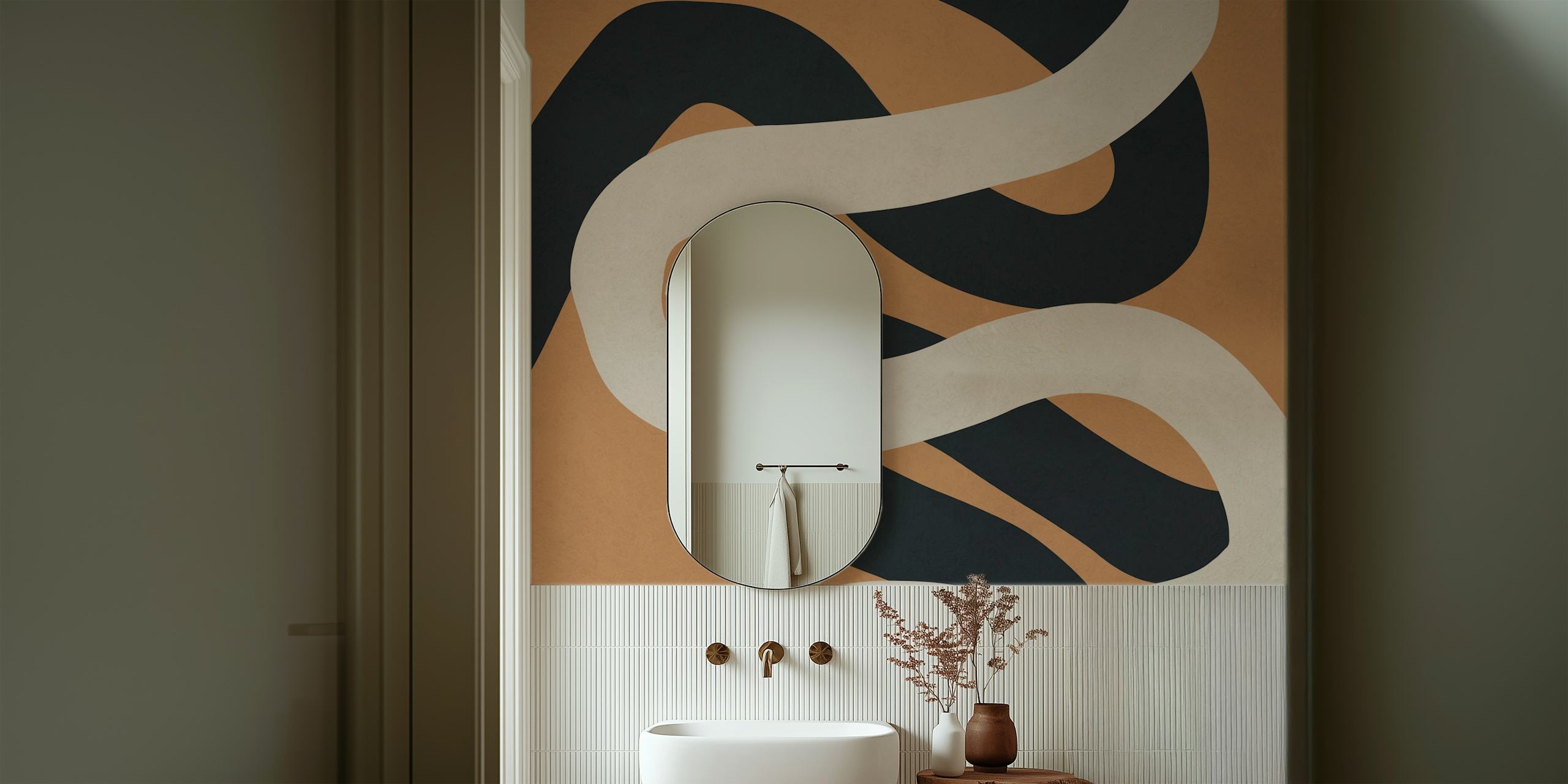 Abstract winding black and beige lines on brown wallpaper