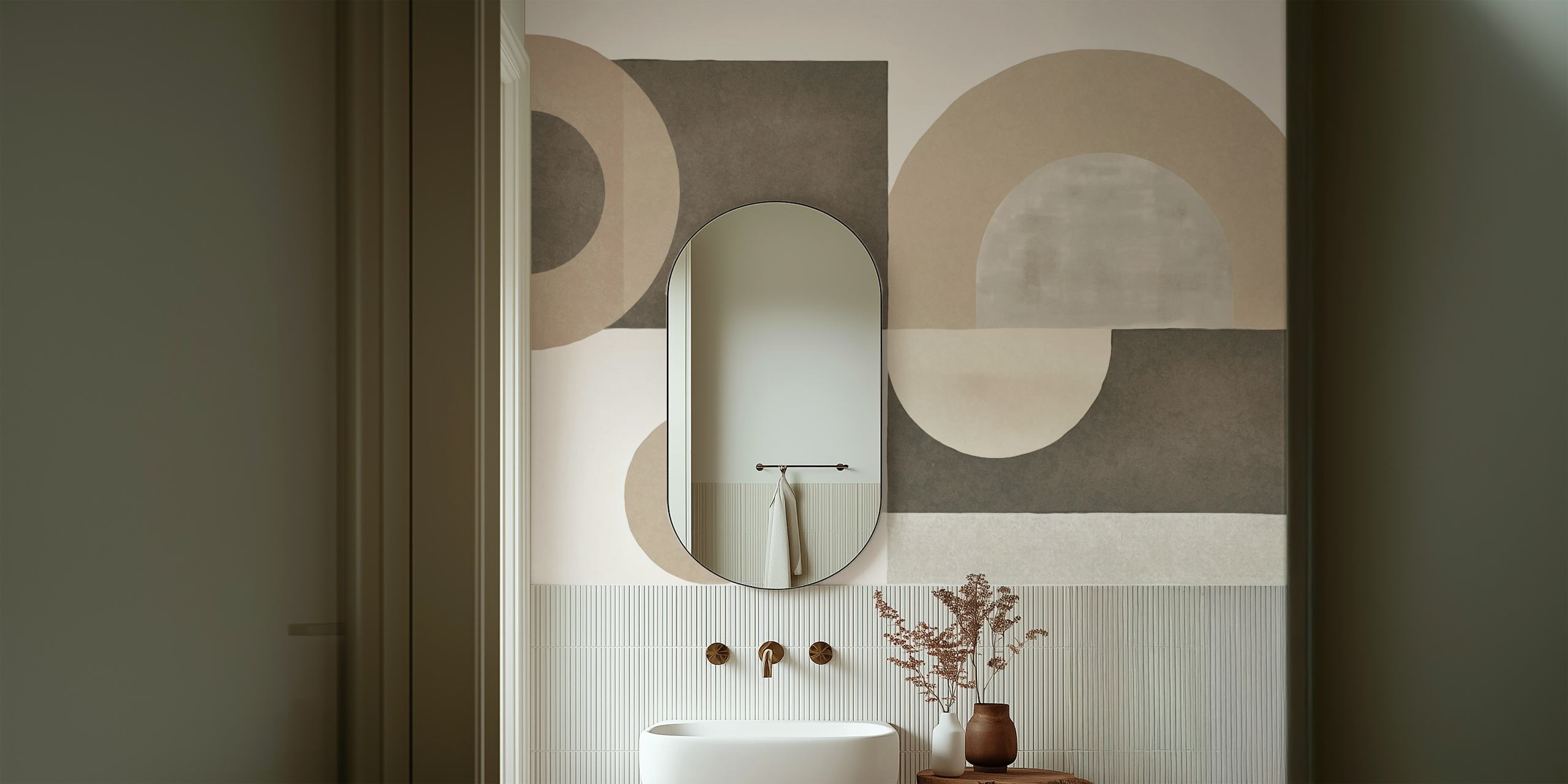 Contemporary Shapes Neutral Beige papel de parede em um quarto