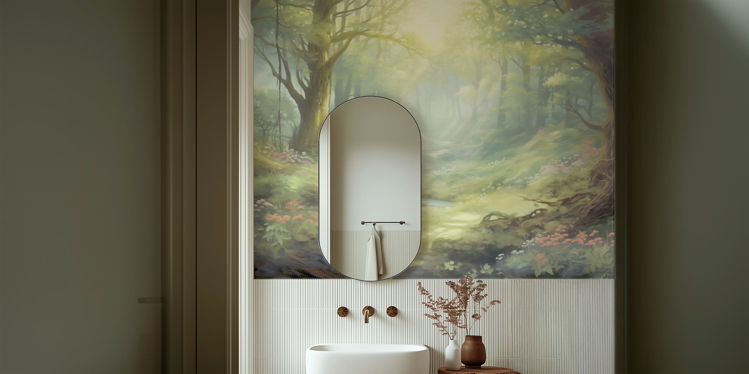 Forest scenery with pastel colors and soft sunlight wallpaper