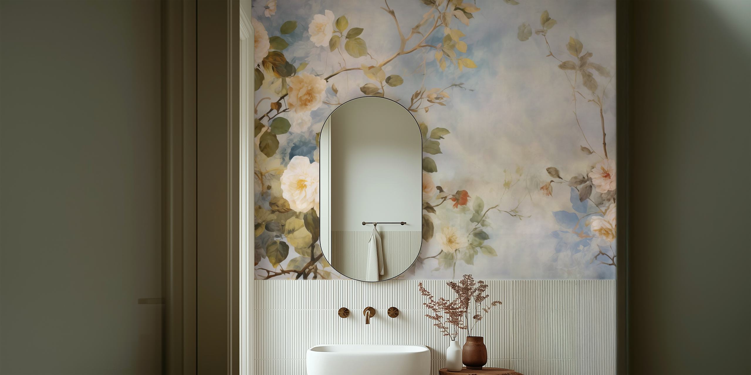 Witte rozen op een blauwe achtergrond wanddecoratie