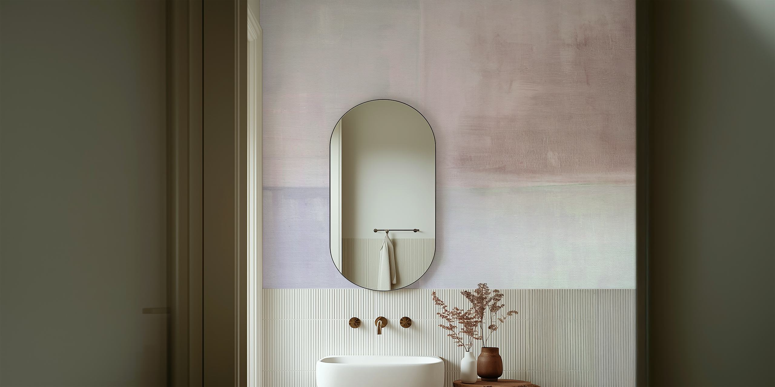 Pastel painted squares mauve tapet i ett rum