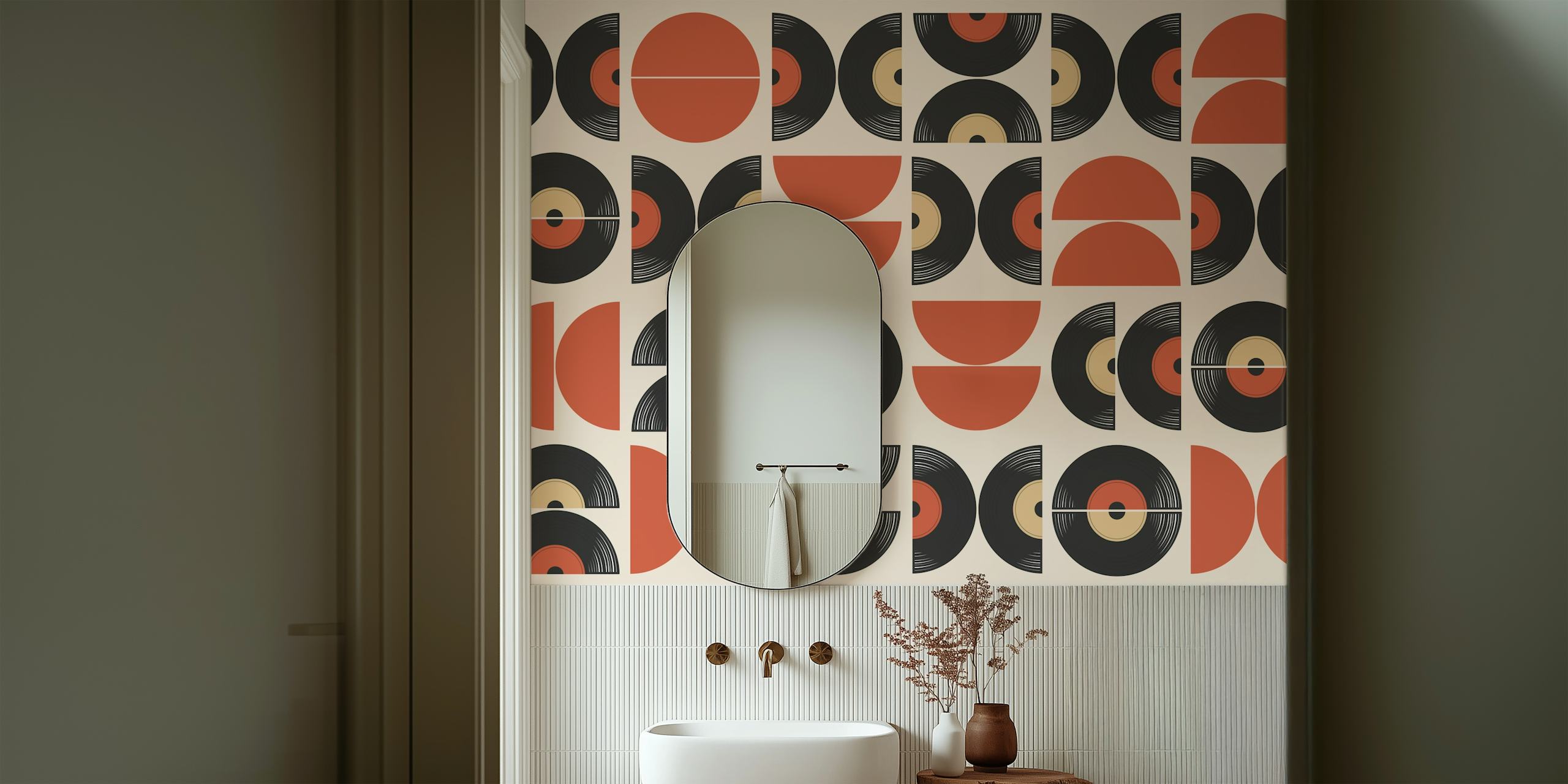 Geometric vinyl record pattern, black and tan, mid-century style wallpaper