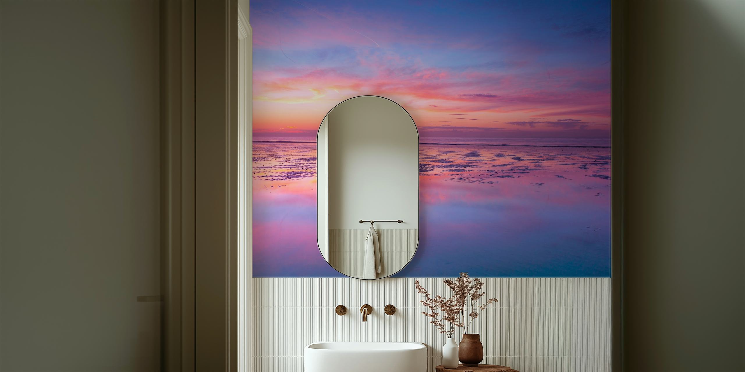 Ocean sunset scene with purple and blue hues wallpaper