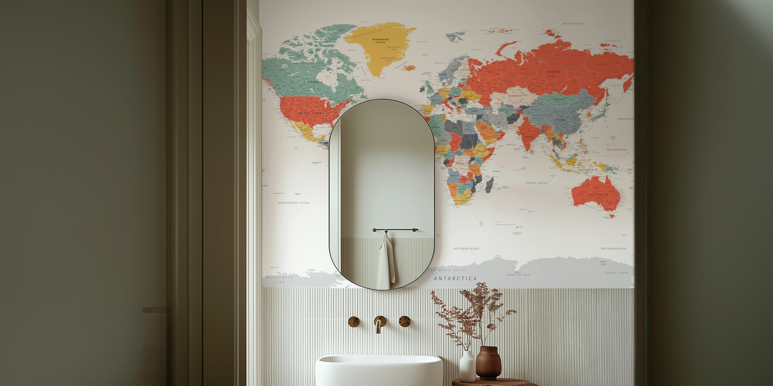 Colorful world map design with geographic details wallpaper