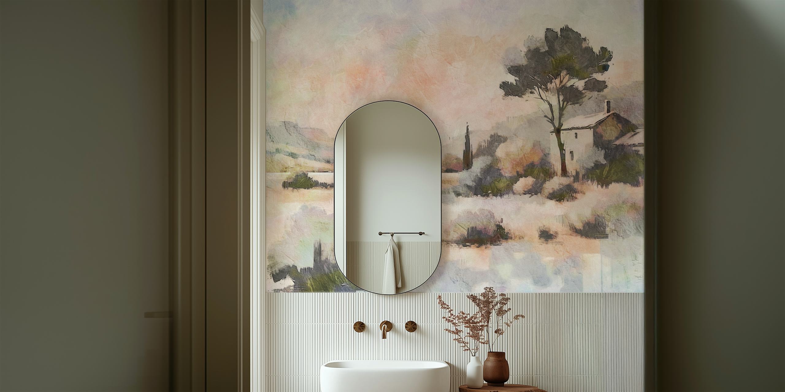 Rustic villa landscape wallpaper in a room