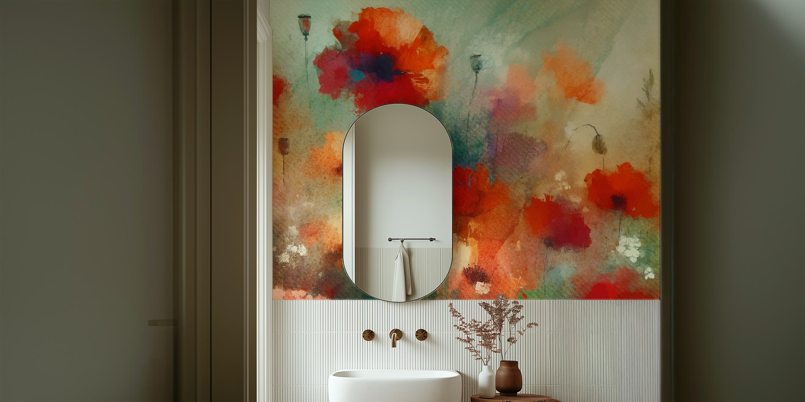 Red poppy flowers on a colorful background wallpaper