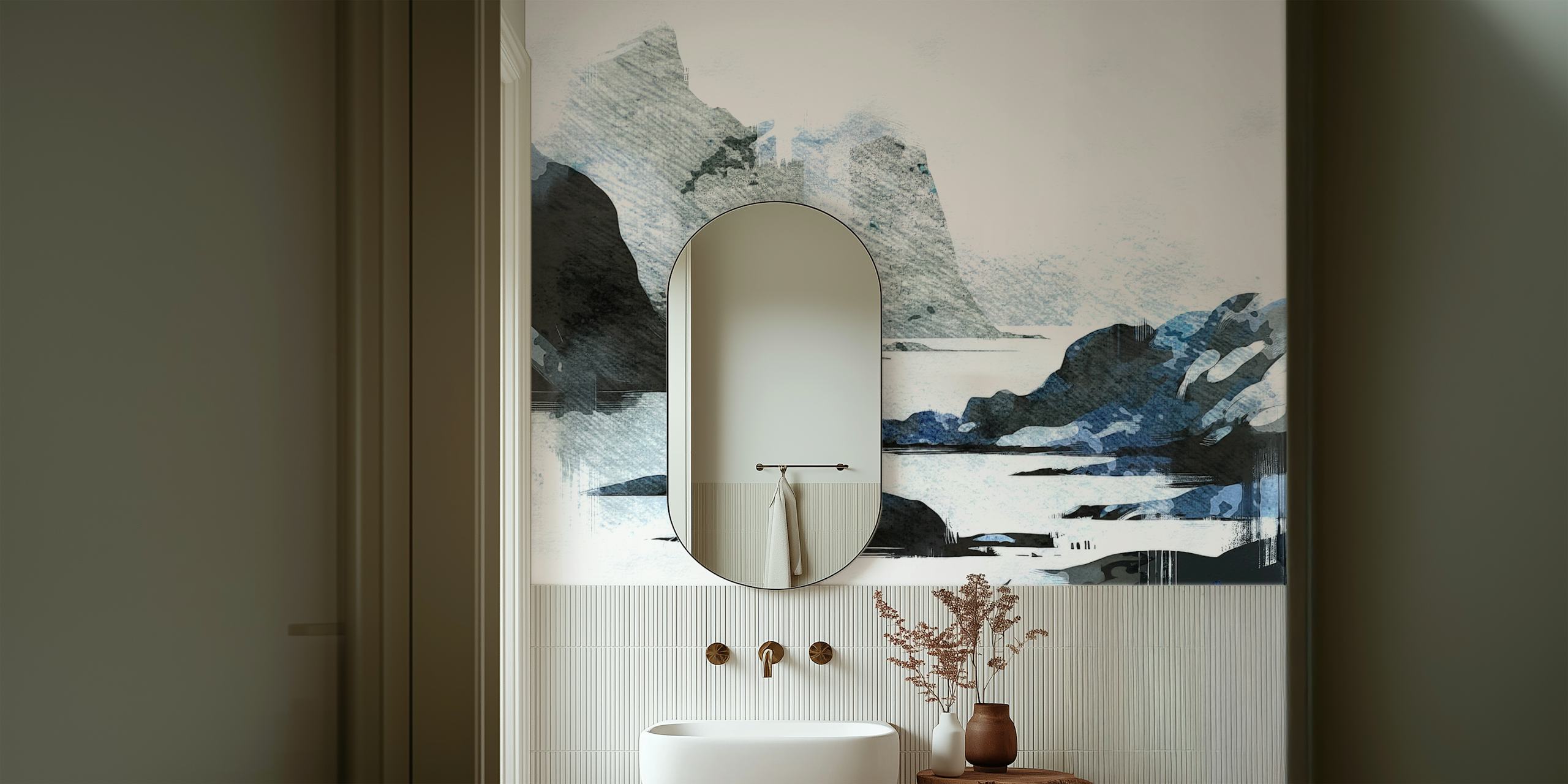 Watercolor Arctic landscape scene with blue and gray hues wallpaper
