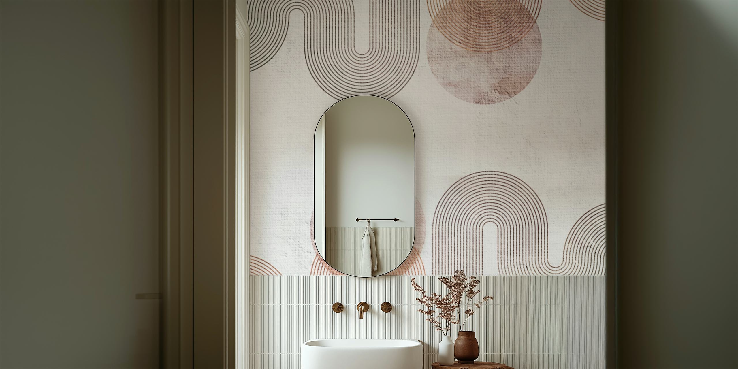 Abstract linear patterns with circles in muted browns wallpaper