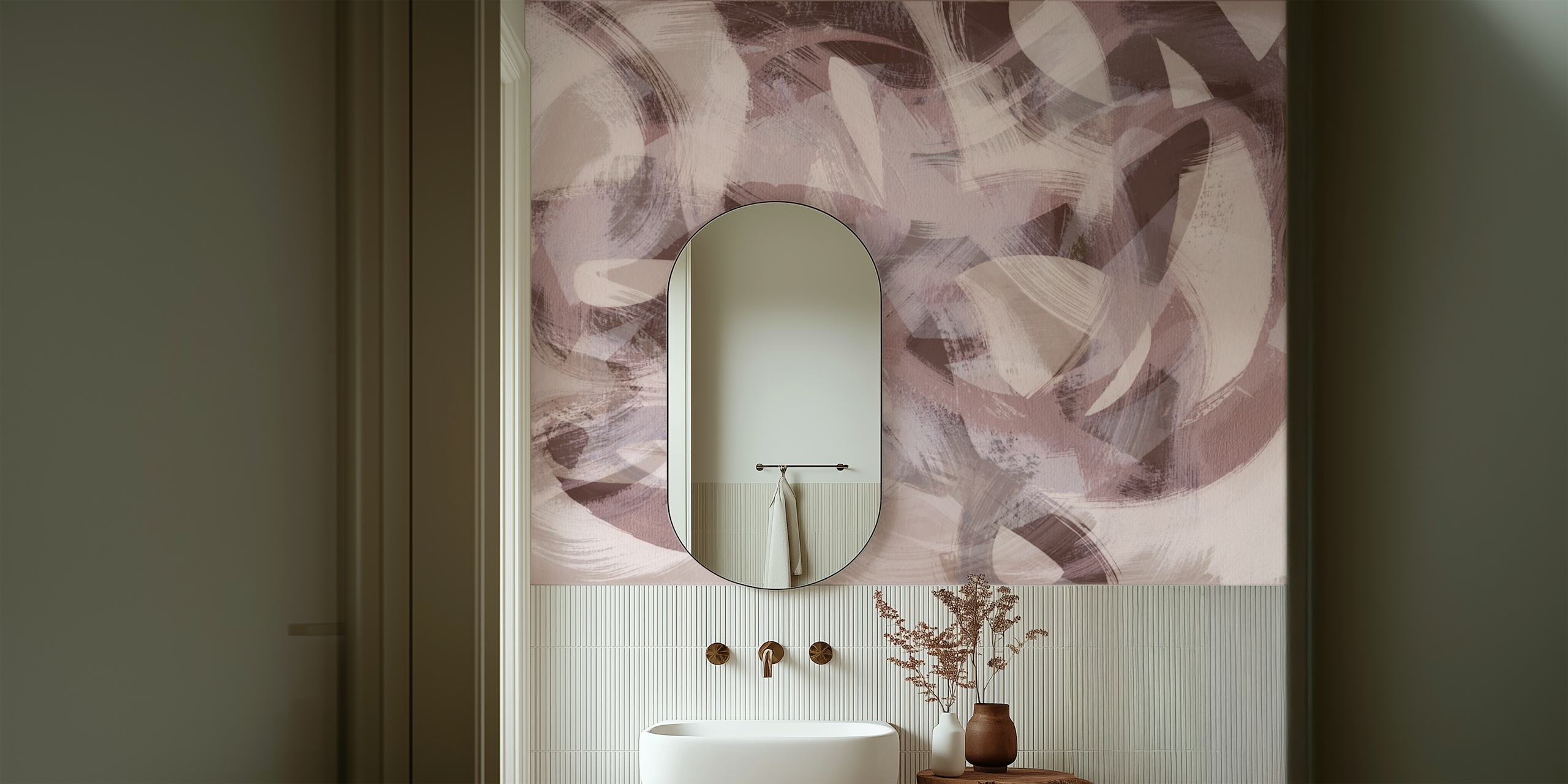 Abstract brush strokes in soft beige, pink, and white colors wallpaper