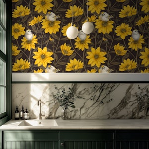 Wild sunflowers and goldcrest birds brown