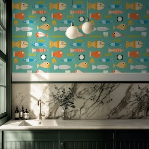 Sardines Aqua Mid Century Modern Fish Retro